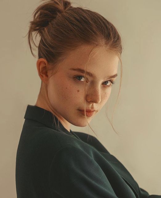 the image is a closeup portrait of a young woman with light skin and freckles. her light brown hair is styled in a loose bun. she's wearing a dark green blazer and has a serious yet serene expression on her face. the background is a simple, light beige, making the woman the clear focal point. the lighting is soft and even, highlighting her features without harsh shadows.  the overall mood is elegant and slightly mysterious.