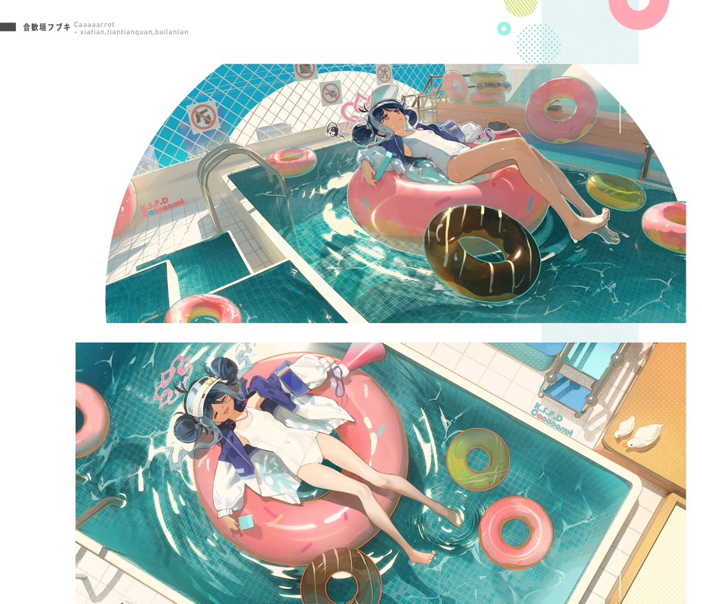 the image features an animestyle illustration of a girl enjoying a relaxing day at a swimming pool. she is depicted twice, once in each half of the image, floating atop a large, inflatable donutshaped pool floatie. the girl is dressed in a white swimsuit with blue accents and a matching white swimming cap. the pool is depicted in cool, inviting tones of blue, while the surrounding deck is a warm, sandy hue. the overall effect is one of summertime bliss and relaxation.