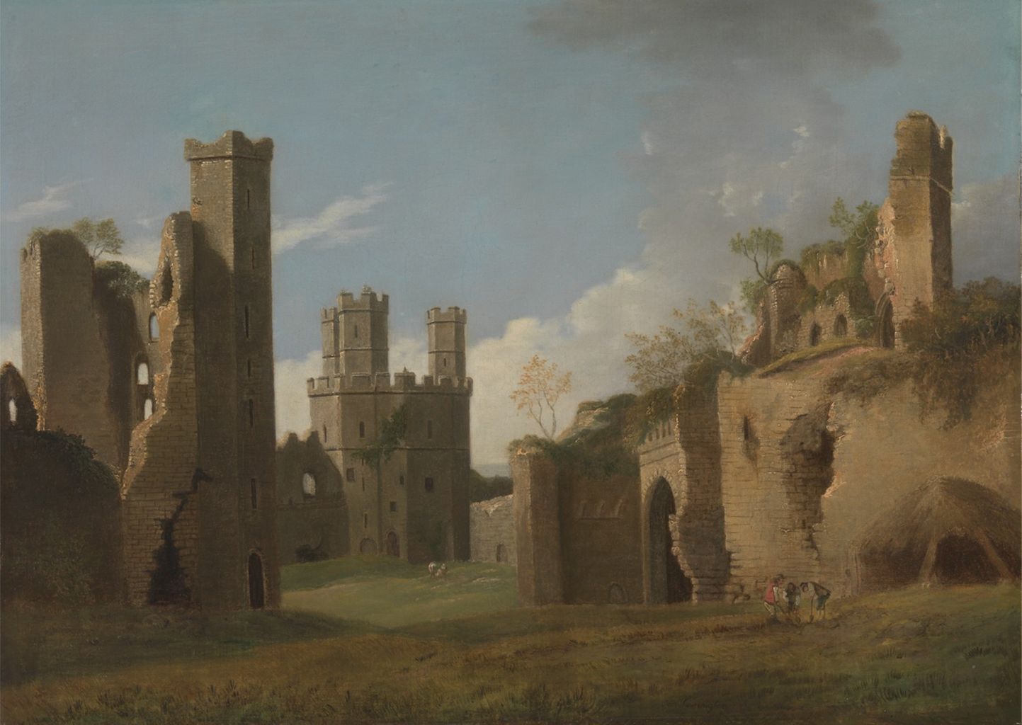 the image is a painting of a ruined castle complex set within a landscape. the scene is dominated by stone structures in varying states of decay, including tall towers and crumbling walls. the architecture suggests a medieval period, with a focus on historical and architectural elements. the sky is visible in the background, with light cloud cover. the landscape is primarily grass, adding to the outdoors setting. small figures can be seen near the ruins.