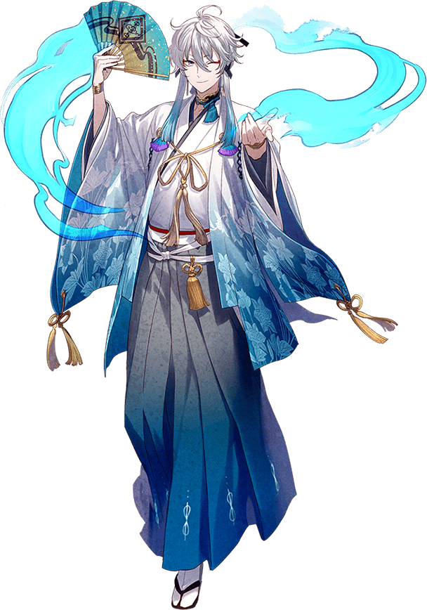 the image is an anime illustration of a male character with white hair and blue eyes wearing a traditional japanese kimono with a fan in his hand. the character is surrounded by a blue aura and is set against a black background. the art style is digital and features a blend of realism and fantasy elements. the image portrays a sense of mystery and magic, with the character appearing to be a powerful and enigmatic individual.