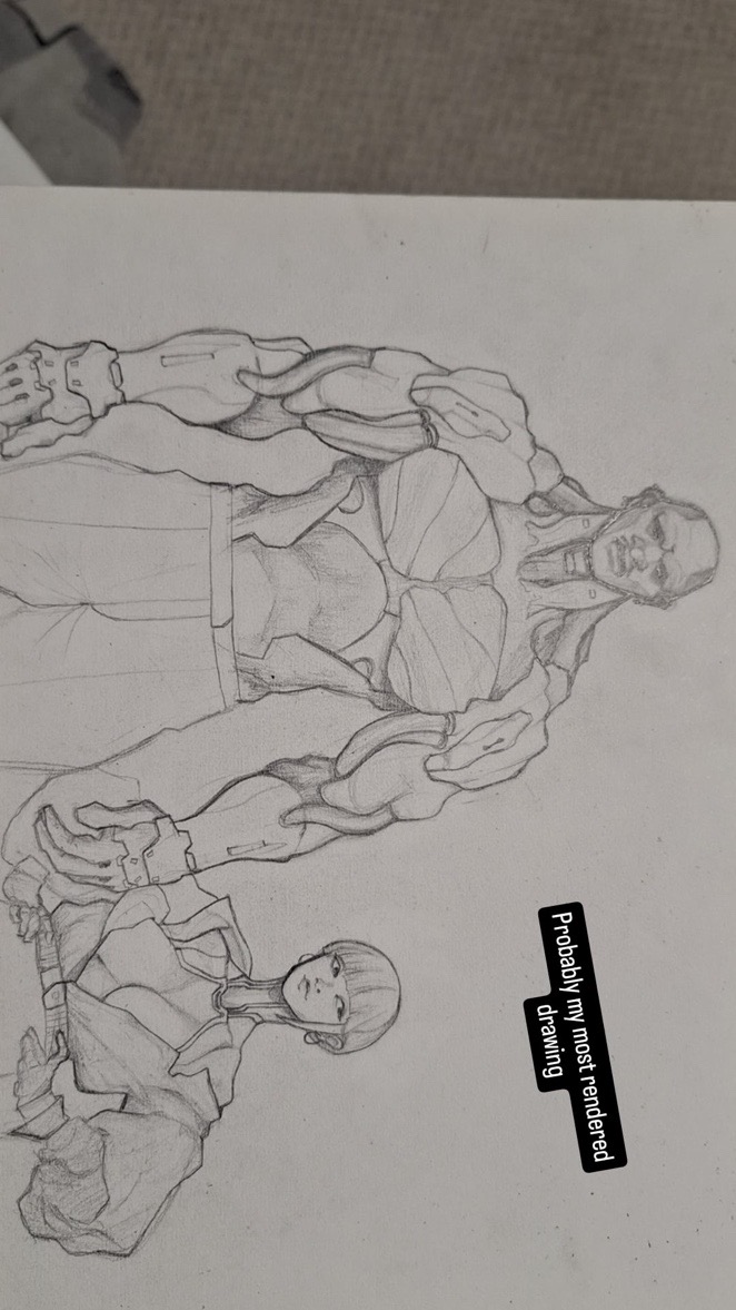 the image is a pencil sketch depicting two figures: a large, muscular cyborg or humanoid robot and a smaller, seemingly human female figure.  the cyborg is heavily detailed, showing mechanical elements and a worn or damaged texture to its body. the female figure appears to be wearing a jacket or similar clothing.  the style is reminiscent of science fiction or cyberpunk art. the artist has added a text box describing the piece as "probably my most rendered drawing".  the drawing is highly rendered, with considerable shading and attention to detail in the textures and forms of the figures.