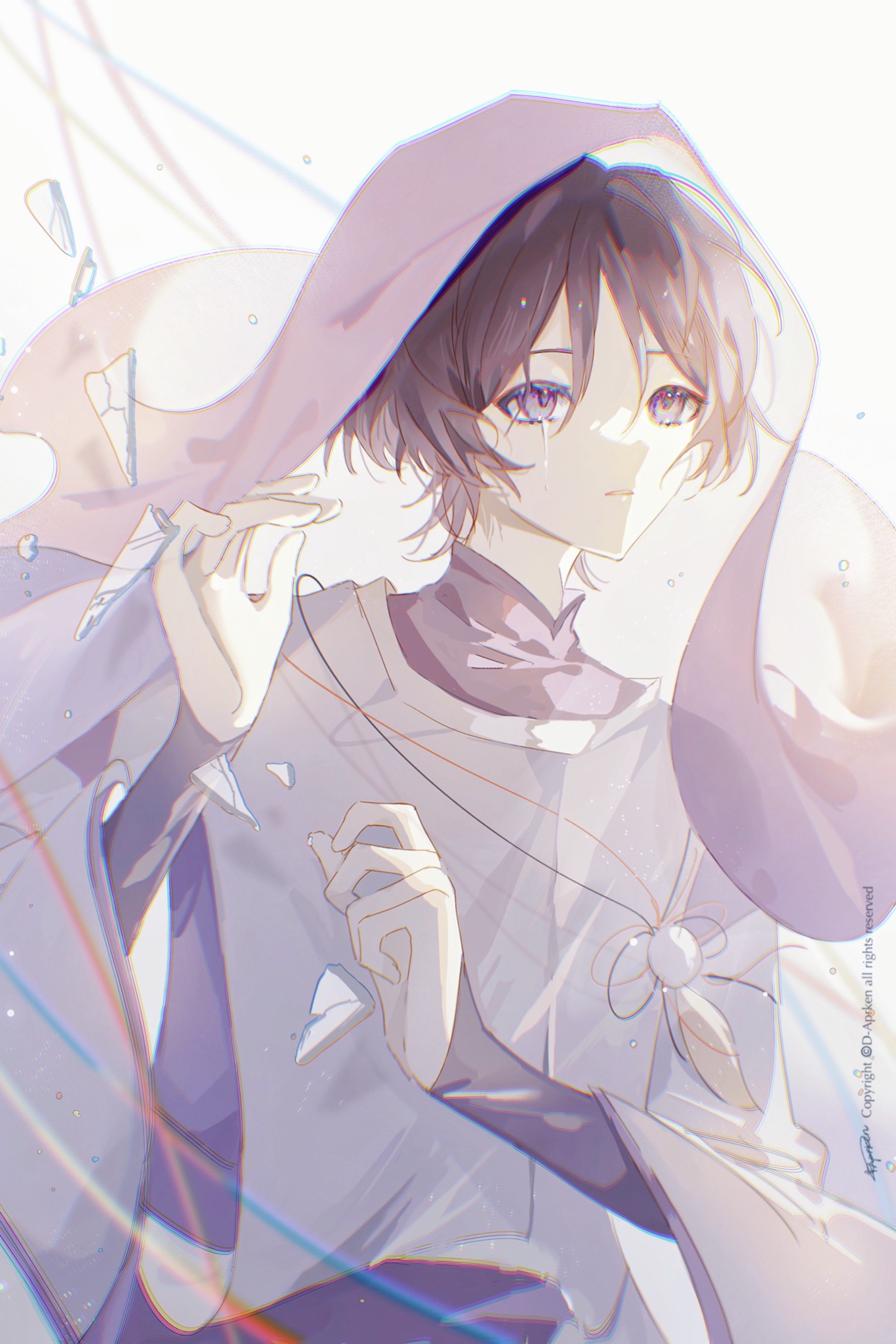 the image is a digital illustration of an anime girl with purple eyes who is crying and is surrounded by broken glass. she is dressed in a white shirt and a pink hooded jacket. her expression is sad and forlorn, and she seems to be in a great deal of pain.  the colors are light and pastel, creating a sense of sadness and vulnerability. the image is a powerful representation of the feeling of heartbreak and loss.