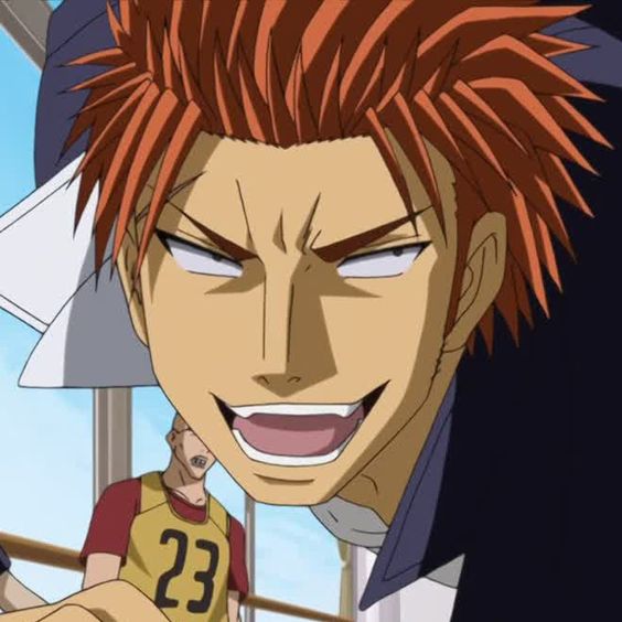 this is a closeup illustration of a male anime character with short, spiky red hair and a mischievous grin. he is wearing a white shirt under a dark blue jacket. in the background, another character wearing a yellow shirt with the number 23 is visible. the setting appears to be indoors, possibly a gymnasium or similar space, judging by the wooden railing and the presence of the other character in athletic wear.