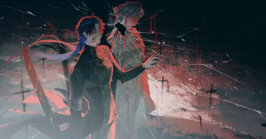 the image is of two anime characters fighting in a dark and bloody environment. the characters are both male, and one is wearing black and the other is wearing white. the background is a field of crosses, and the glass is broken. the characters are fighting with swords, and the blood is splattered around them. the image is full of action and drama.
