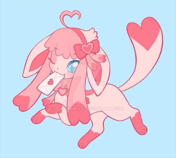 the image is a charming, digital illustration of a kawaiistyle creature, reminiscent of a pokémon character like jigglypuff, but with exaggerated features.  it’s predominantly pink and pastel in color, featuring large heartshaped ears, a heartshaped tail, and a pink bow on its head. the creature holds a small, heartdecorated letter in its mouth, reinforcing a theme of love or valentine's day.  the art style is soft, round, and very cute, exhibiting a chibilike quality. the background is a simple, light blue. the overall impression is one of sweetness, innocence, and playful affection.