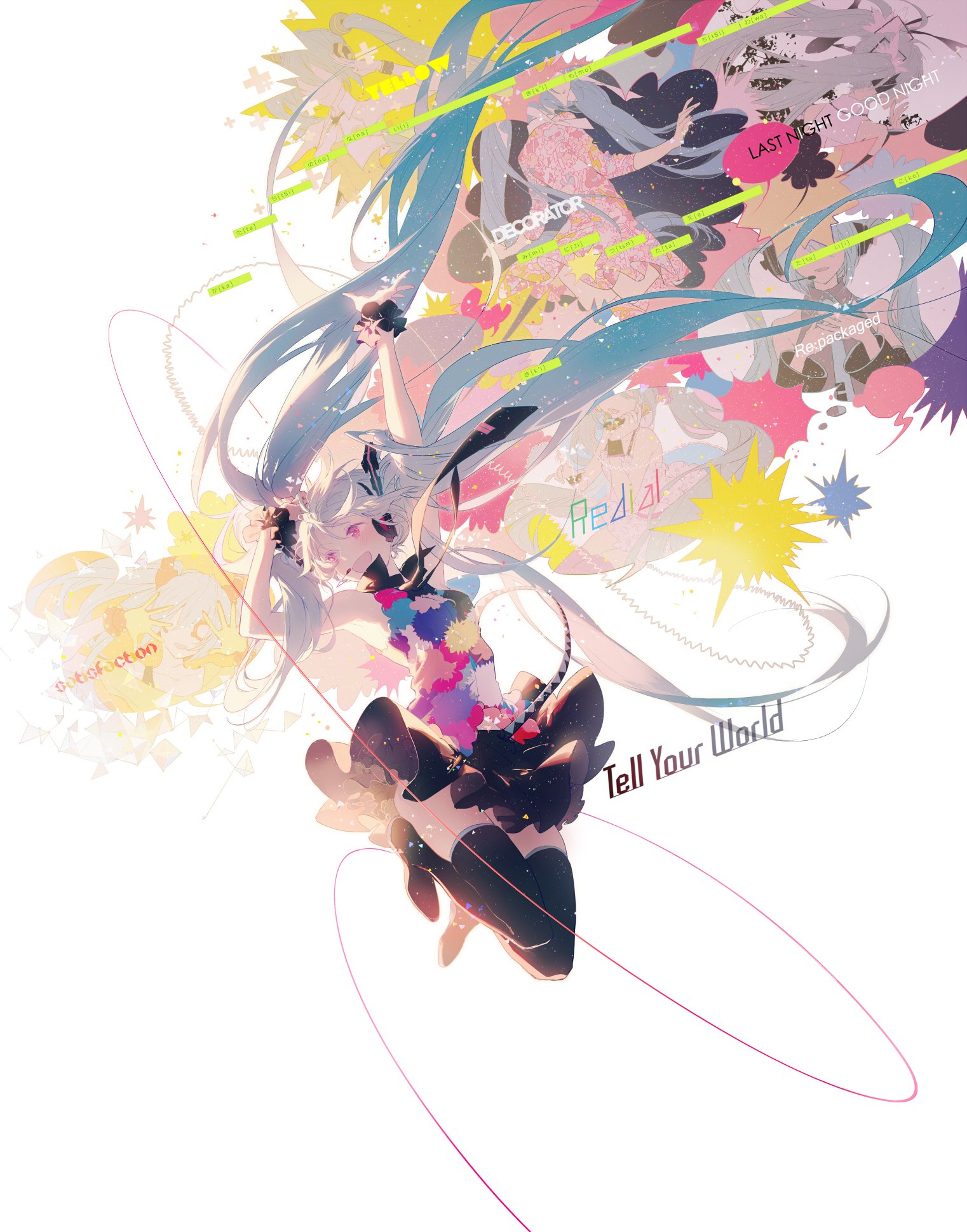 the image is an animestyle illustration featuring hatsune miku, a vocaloid character, surrounded by vibrant colors and song titles. miku has long, flowing blue twintails and is wearing a colorful outfit with a black skirt and top. the song titles "tell your world", "decorator", "last night good night", "re:package", "yellow", "redial", and "perfection" are scattered around her, suggesting a musical theme or album art. the overall style is dynamic and energetic, with abstract shapes and bright hues.