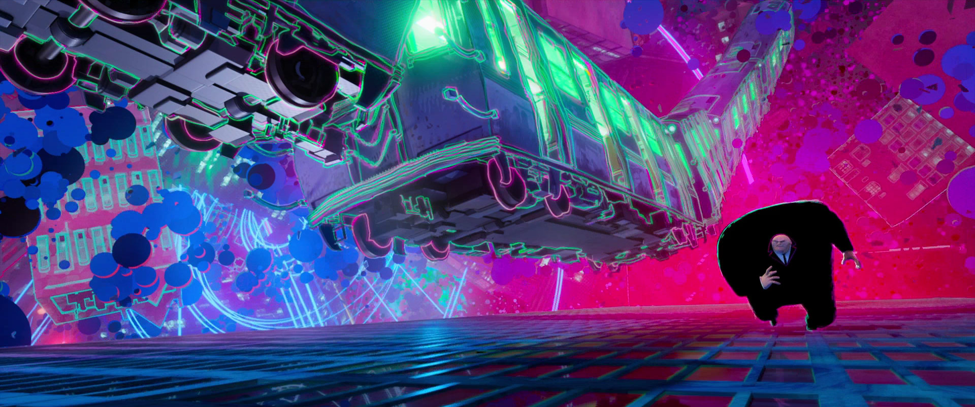 a scene from despicable me, a film by illumination entertainment. a train with a bright blue neon light runs through a pink, blue, green, and purple cityscape in the background, the villain gru stands facing the camera in the foreground.