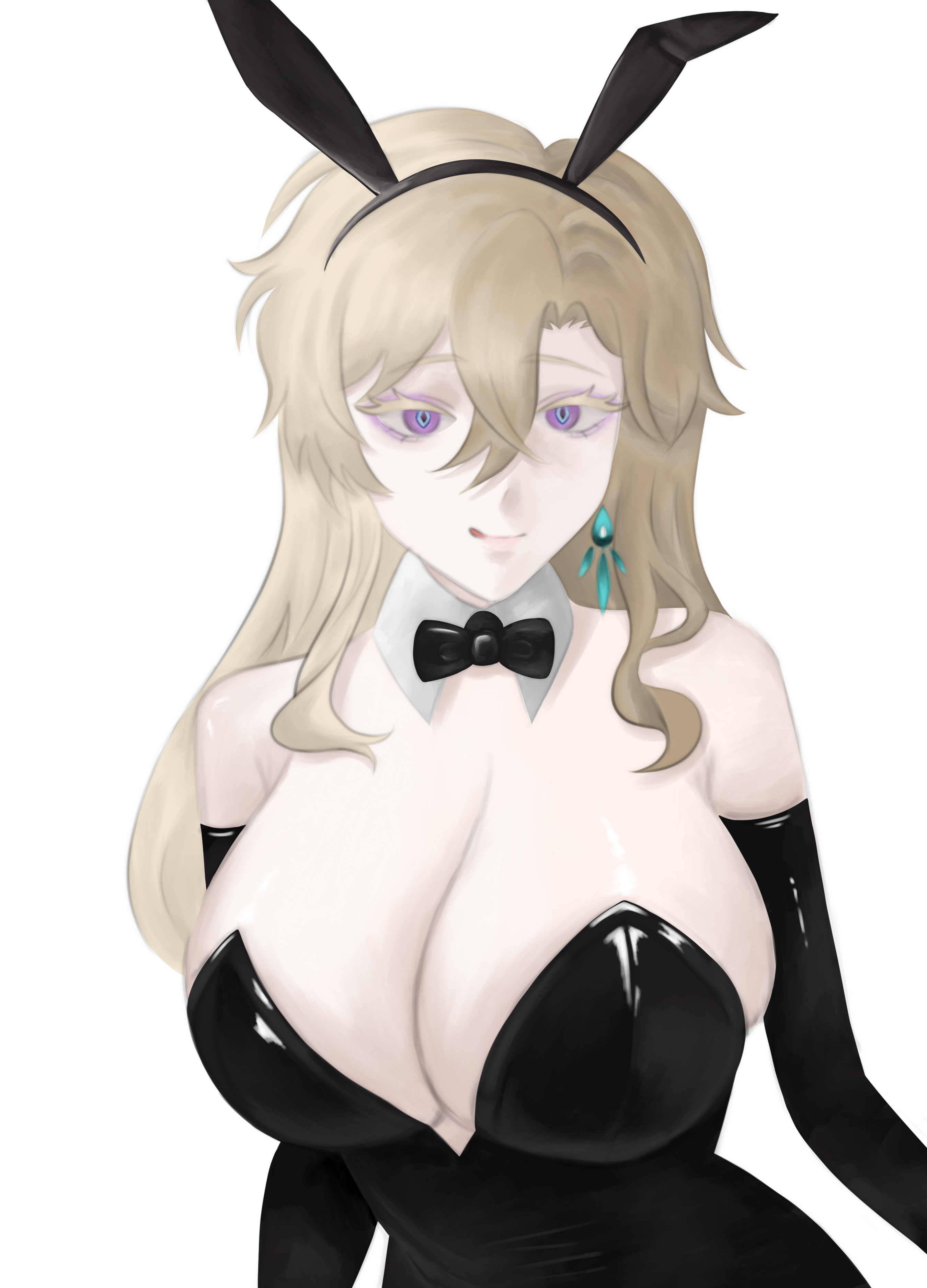 he image is a digital painting of an animestyle girl dressed in a black bunny girl costume. she has long blonde hair, purple eyes, and is wearing a black leotard with a bow tie. the overall style is suggestive and playful, with a focus on the character's physical features. the background is simple and white, to draw attention to the character's details.