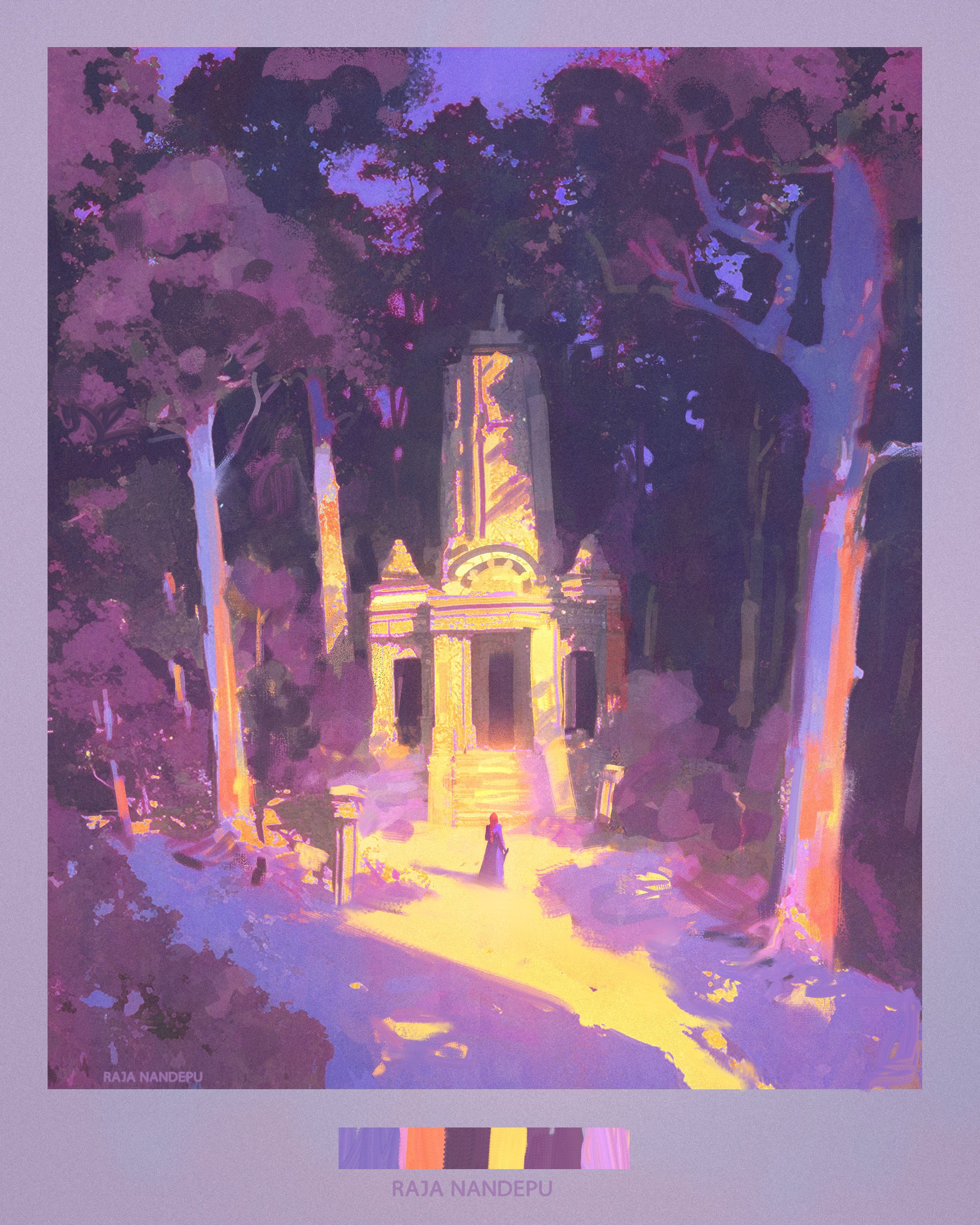 the image is a digital painting by artist raja nandepu, showcasing a mystical scene.  a lone woman in a dark robe stands on a path leading to a stone temple nestled within a forest. the atmosphere is twilight or evening, with a dominant palette of purples and yellows creating a soft, dreamy feel.  the style is painterly and impressionistic, with visible brushstrokes and a focus on capturing the mood rather than precise detail. the temple appears aged and possibly ruined, adding to the sense of mystery. a color palette is included at the bottom, showing the main colors used in the piece. the overall impression is one of tranquility and otherworldly beauty.