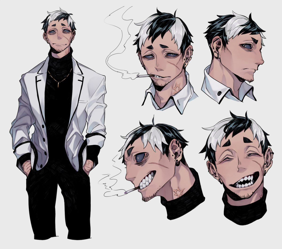 this is a digital illustration of an anime male character. he has white and black hair, gray eyes, and is wearing a white suit jacket over a black turtleneck shirt and black pants. he is holding a cigarette in his mouth. he is shown in different angles and facial expressions, and has a white background.