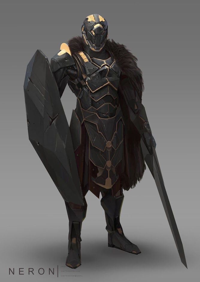 a futuristic warrior in black and gold armor with a furlined cloak stands with a shield and a sword, ready for battle. the warrior's helmet has a gold visor. the background is a simple grey.
