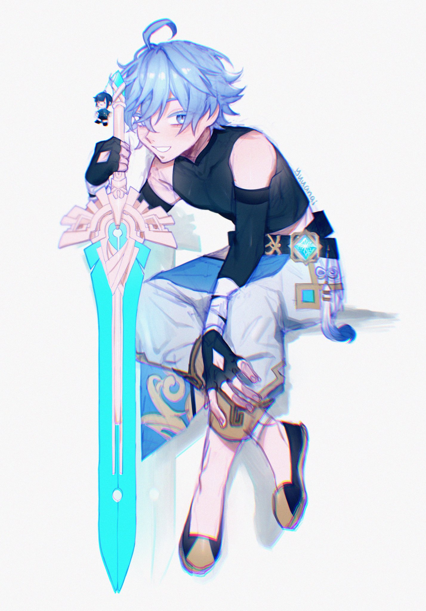 an anime boy with blue hair and blue eyes smiles, sitting with his legs crossed. he is holding a sword with a light blue blade and gold hilt. he is wearing a black top, white pants, and white shoes. the image is drawn in a digital style, with soft colors and a slightly blurred background.