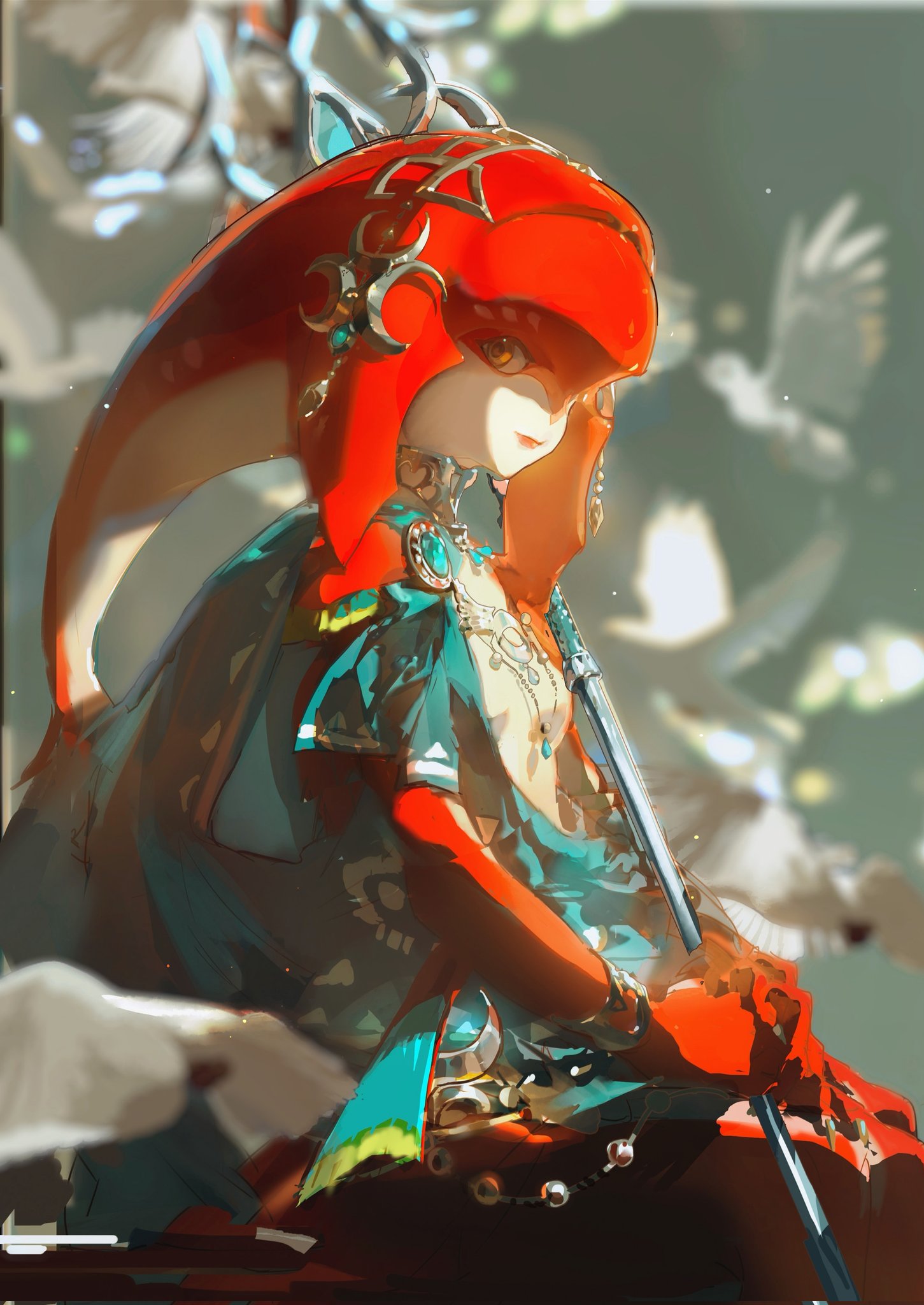 an illustration of a female video game character from the legend of zelda series.  she has red hair and a red and blue outfit.  she is holding a sword and is surrounded by white birds and feathers.  the background is blurry and out of focus.