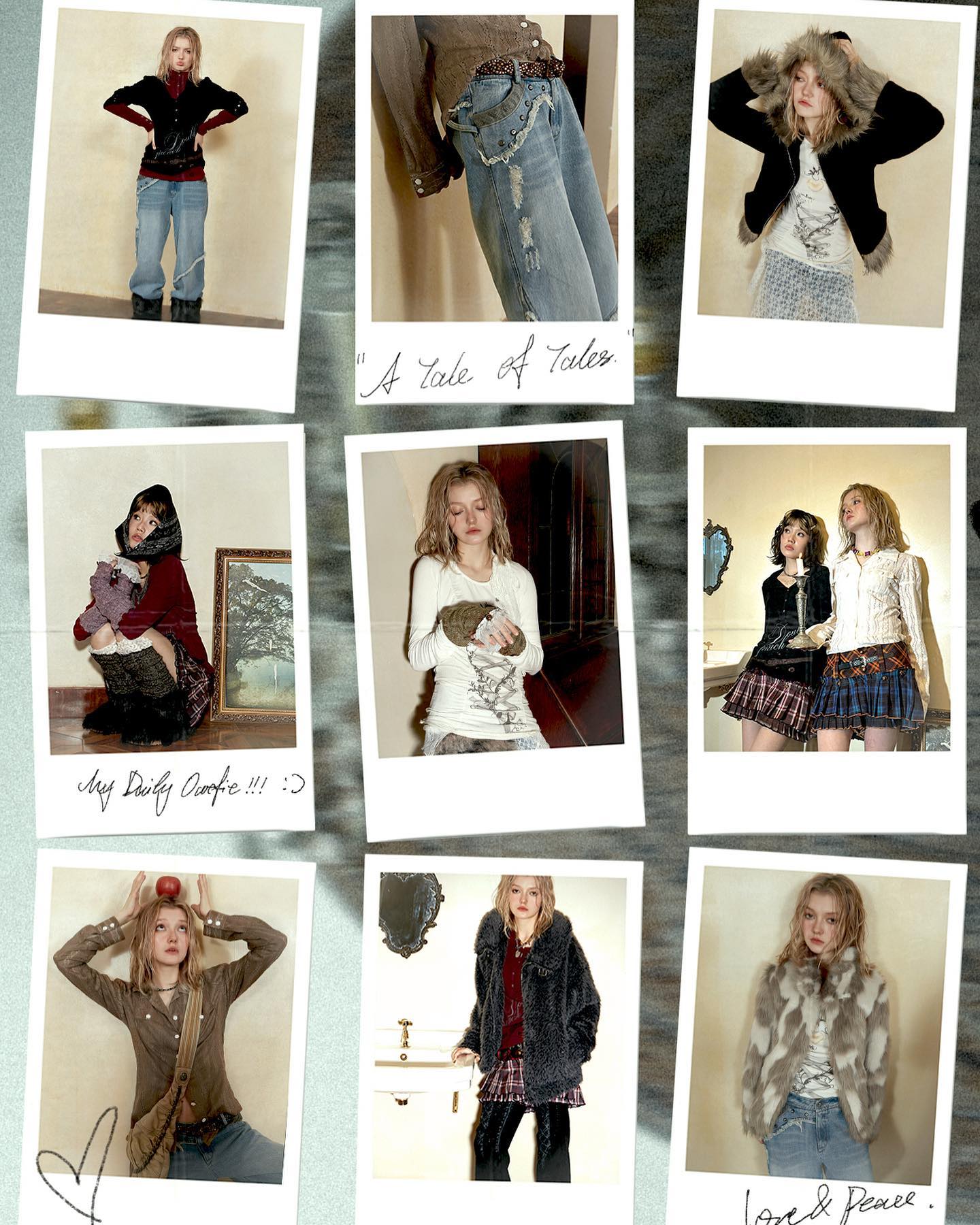a collage of polaroidstyle photographs showcasing a fashion photoshoot.  multiple young women are modeling various outfits in different settings.  the clothing styles range from casual to slightly edgy, incorporating jeans, jackets, coats, skirts, and dresses. the overall aesthetic leans towards a vintage or early 2000s grunge vibe.  handwritten text is present on some of the photos, possibly indicating captions or descriptions of the styles. the photos are arranged in a gridlike format on a background that appears to be a light blue/gray.