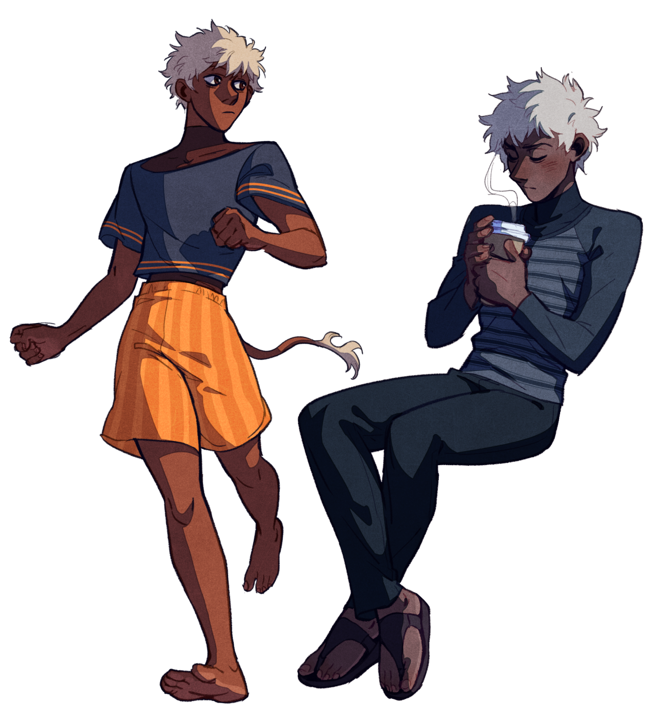 this image shows two different poses of the same young man. he has dark skin, white hair, and a lion tail. on the left, he's shown from the knees up, walking with purpose. he's wearing an orange and yellow striped pair of shorts and a cropped navy blue tshirt with gold trim. the pose on the right shows the character seated, facing forward but looking down at the paper cup in his hands as if warming them. he's wearing sandals, black pants, and a black and grey striped sweater.