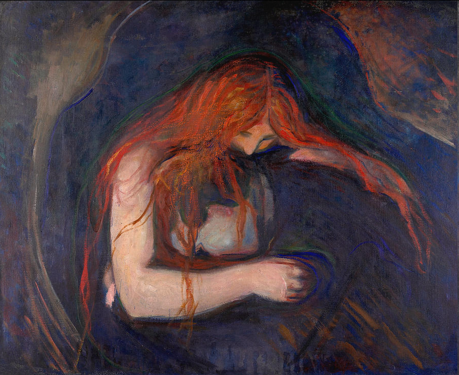 the image is a painting of a woman with long, flowing red hair draped over her face and body. she appears to be nude and is hunched over, seemingly in distress or despair. the background is dark and indistinct, with shades of blue, green, and brown. the painting evokes a sense of sadness, isolation, and emotional turmoil. the style is characteristic of edvard munch's work, known for its expressive use of color and line to convey psychological states.