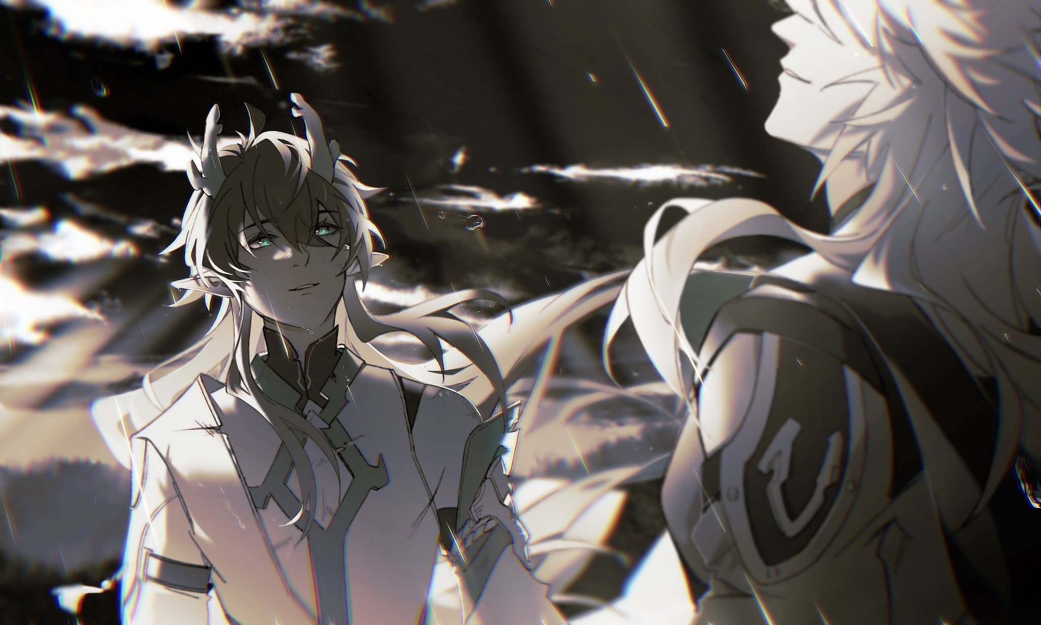 the image is an anime style illustration of two male characters.  the character on the left has white hair, green eyes, horns, and is wearing white clothing. he is looking away from the viewer. the character on the right is also wearing white clothing and has white hair.  the background is dark and blurry, with rain falling.
