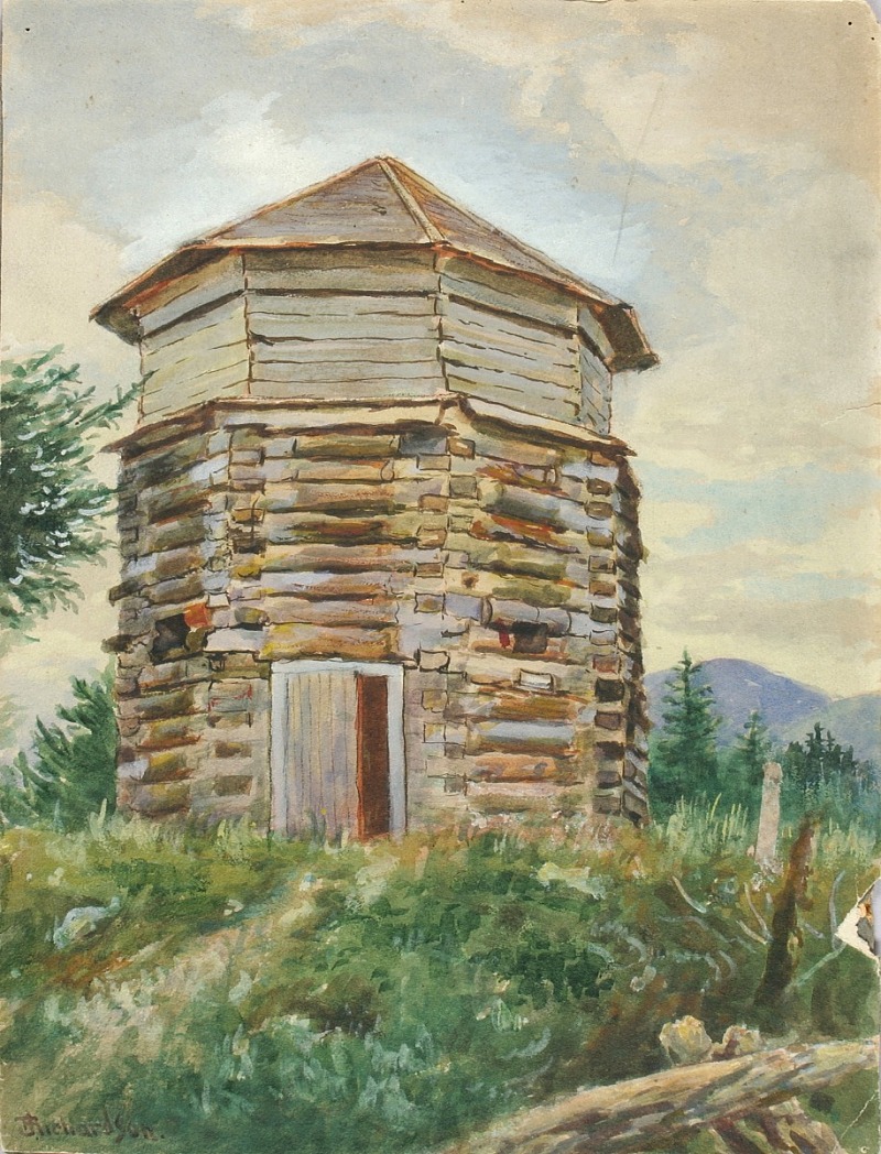 the image shows a watercolor painting of a rustic log building, possibly a tower or cabin, set within a natural landscape. the structure is built of logs and features a door. it's situated on a rise with green grass and foliage around it. in the background, there are mountains and trees under a slightly cloudy sky. the painting exhibits a vintage style.