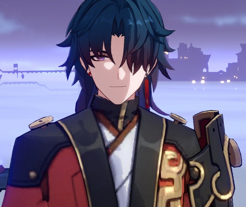 a close up of the character scaramouche from the video game genshin impact. he is looking directly at the viewer with a serious expression. he is wearing a red jacket with gold trim and a white shirt. he is holding a sword in his hand and a weapon strapped on his back.