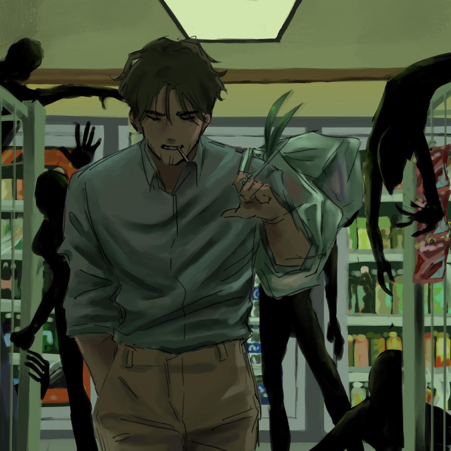 a man with a cigarette in his mouth walks through a grocery store, seemingly oblivious to the shadowy figures lurking in the aisles. the scene is dark and ominous, with a creepy atmosphere. the man's expression is neutral, but his posture suggests that he may be aware of the supernatural entities around him.  the shadowy figures are not fully visible, but their silhouettes suggest that they are humanoid in form.