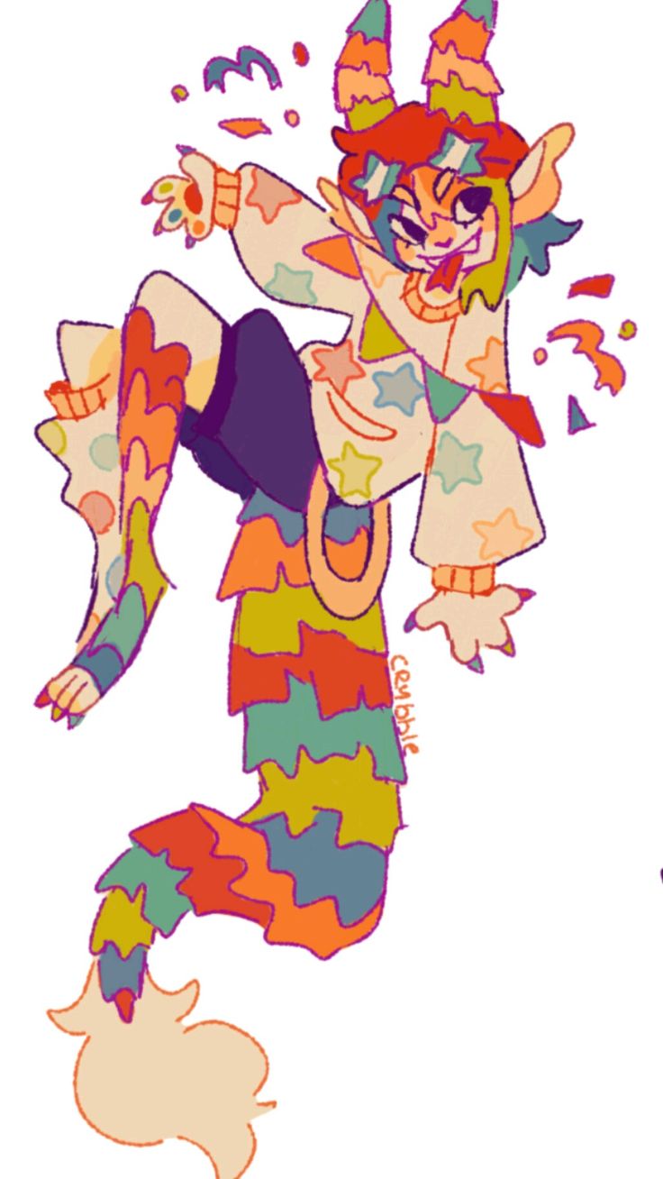 the image is a digital drawing of a stylized anthropomorphic character.  the character appears to be a furry creature with a pinatalike tail. its body is a patchwork of vibrant pastel colors, and its clothing is adorned with stars. the character has a lively, expressive face and is shown in a dynamic, energetic pose, with confetti surrounding it, suggesting movement and celebration. the art style is playful, cartoonish, and slightly whimsical. the overall mood is cheerful and vibrant.