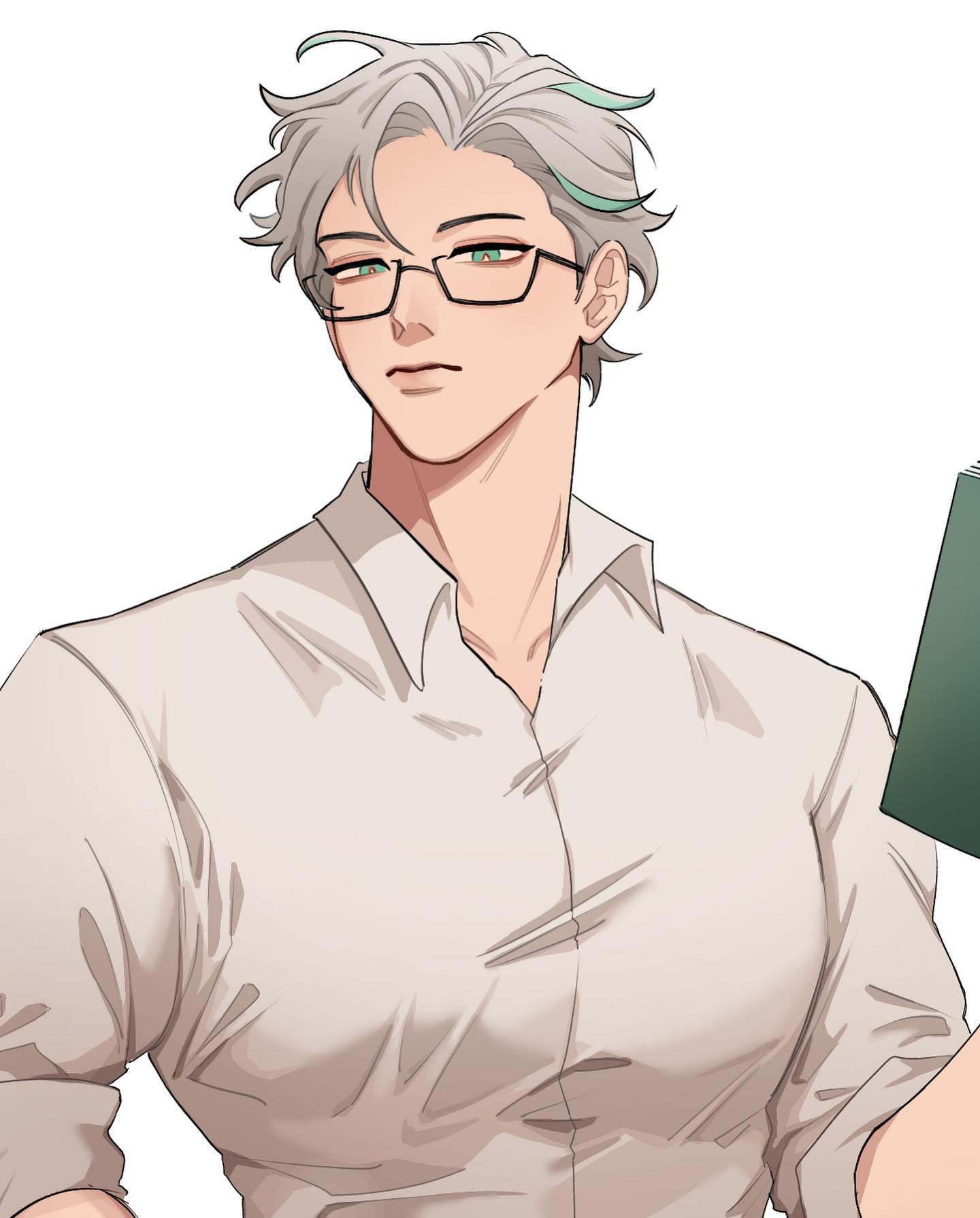 the image is a digital drawing or illustration of a young, handsome anime or manga style male character. he has shoulderlength light gray hair with teal highlights,  is wearing glasses, and a light beige, collared buttondown shirt. he appears relaxed, holding what seems to be a book or folder in his hand.  the art style is clean and features soft shading, creating a calm and stylish atmosphere. the character's expression is peaceful and thoughtful.