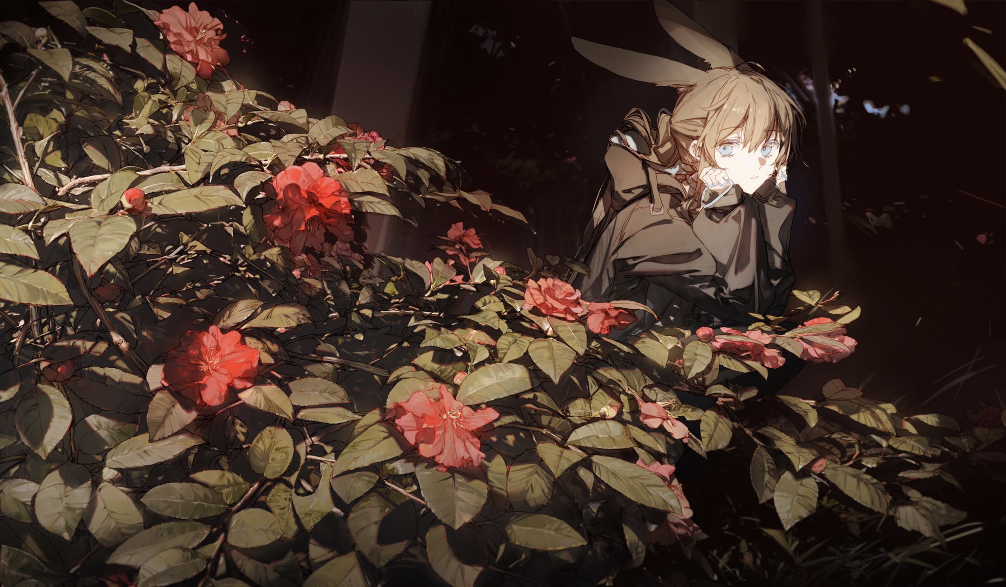 an anime girl with rabbit ears and brown hair sits among red flowers and green leaves, with a dark background. she has blue eyes and appears to be looking at the viewer. she is wearing a backpack.
