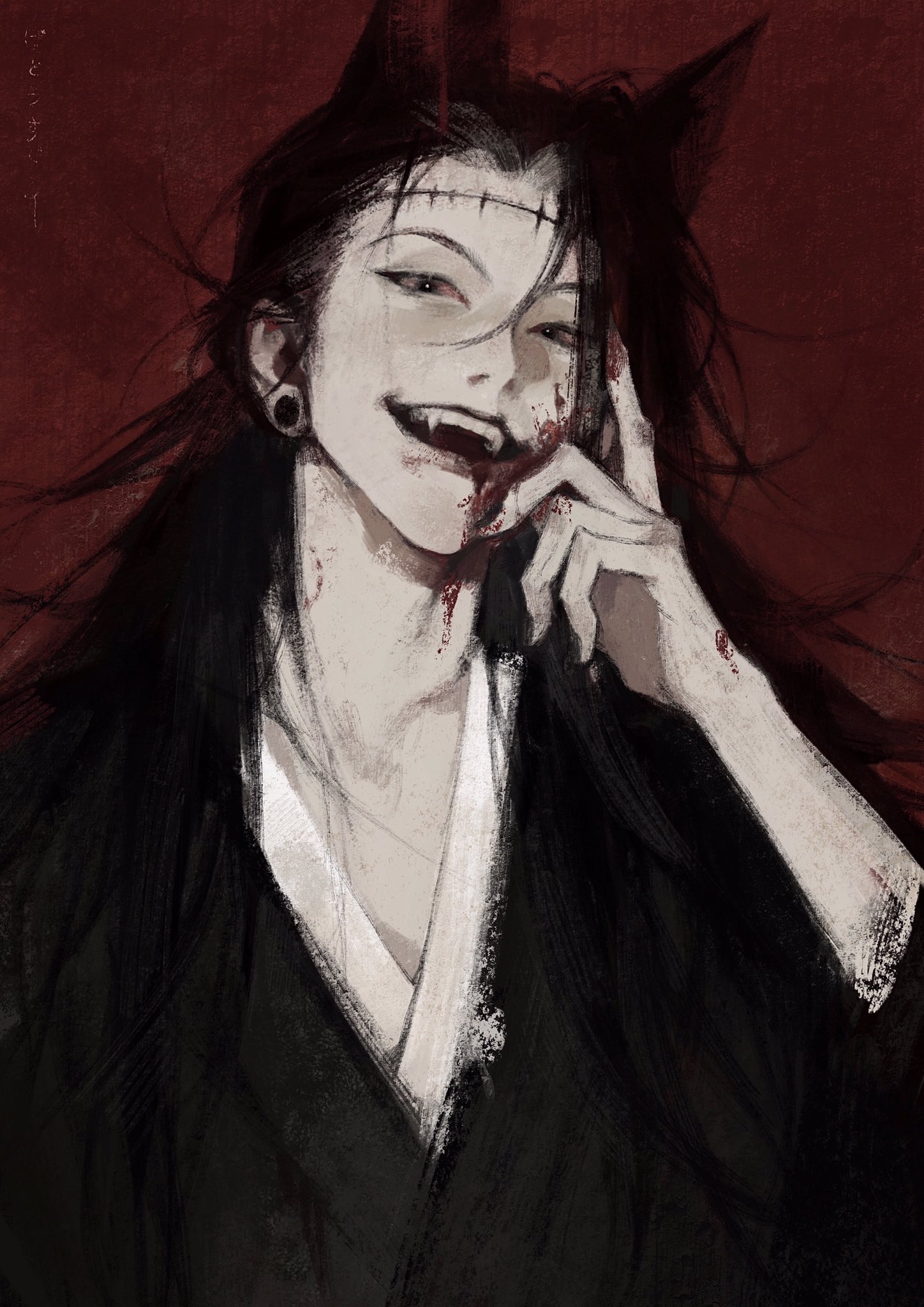 an illustration of an anime boy with long black hair, red eyes, and fangs, smiling while looking at the viewer. he is covered in blood, and the background is dark red. he is likely a vampire. the image is drawn in a digital style with bold lines and shading.