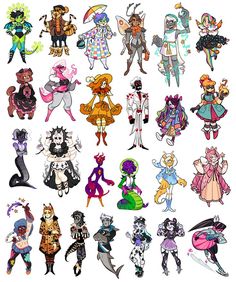 this image is a collection of 25 individual character designs, all showcasing unique and fantastical outfits, hairstyles, and features. the characters are all set against a plain white background and are depicted in a bright and colorful art style.  each character stands out with their own distinct personality and flair, making it a vibrant and eclectic ensemble.