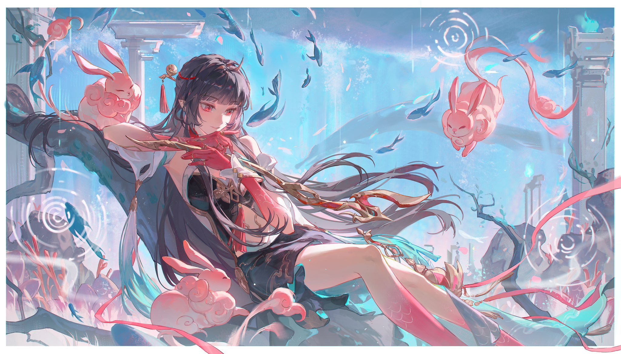 the image is a digital painting of an animestyle female character, possibly inspired by genshin impact's yae miko, in a fantastical setting.  she has long black hair, red eyes, and is wearing a red and dark outfit. she's sitting on a tree branch with several fluffy pink rabbitlike creatures around her.  the background includes ruins, columns, water with fish, and a dreamy, pastel sky. the overall style is soft, ethereal, and whimsical.  the character holds a stafflike object.