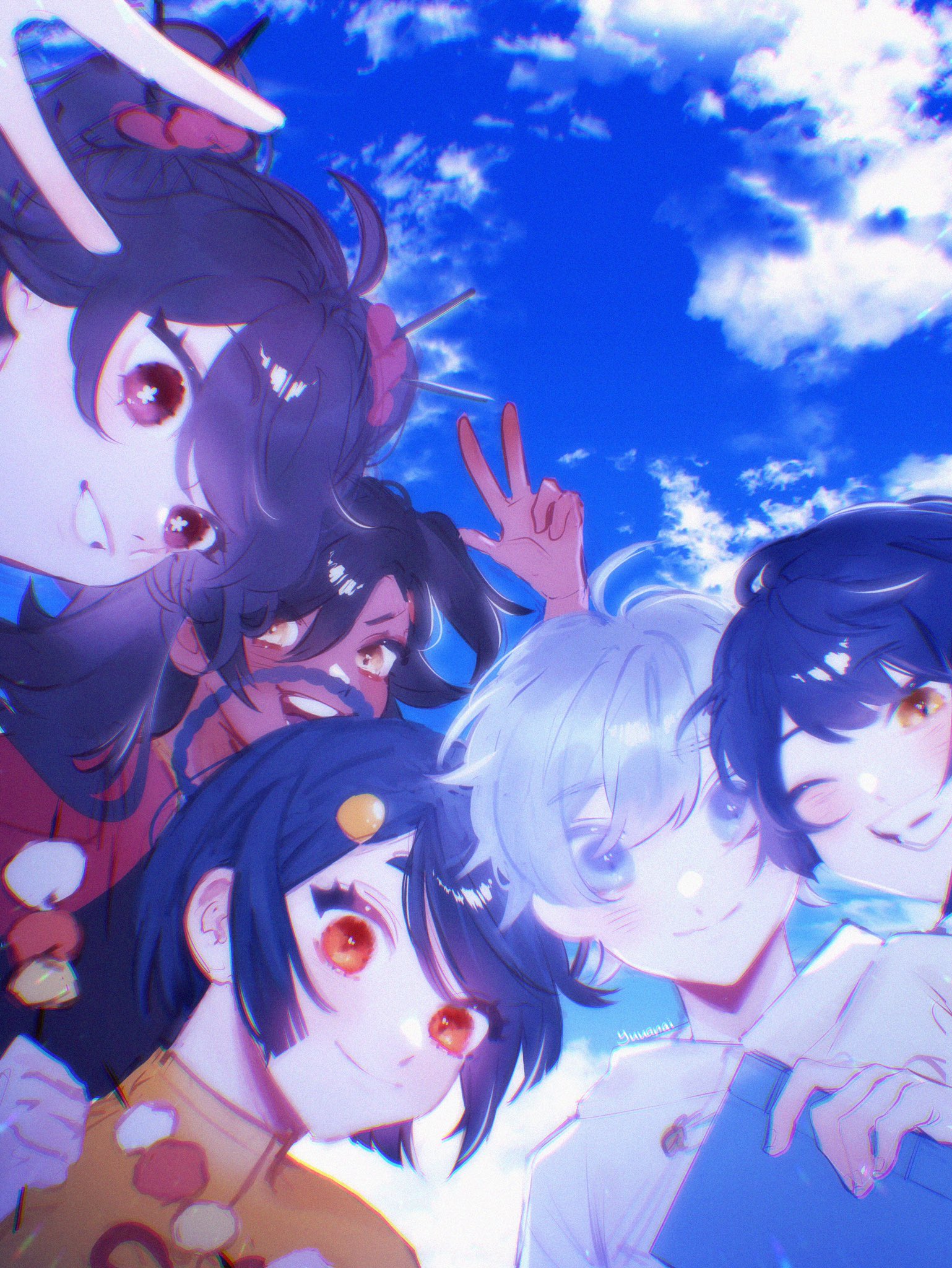 this is a digital painting of a group of four anime characters, three girls and one boy. they are all smiling and looking at the camera, making a selfie. they are in a bright blue sky with white clouds. the image is bright and colorful, and has a cute and happy vibe.