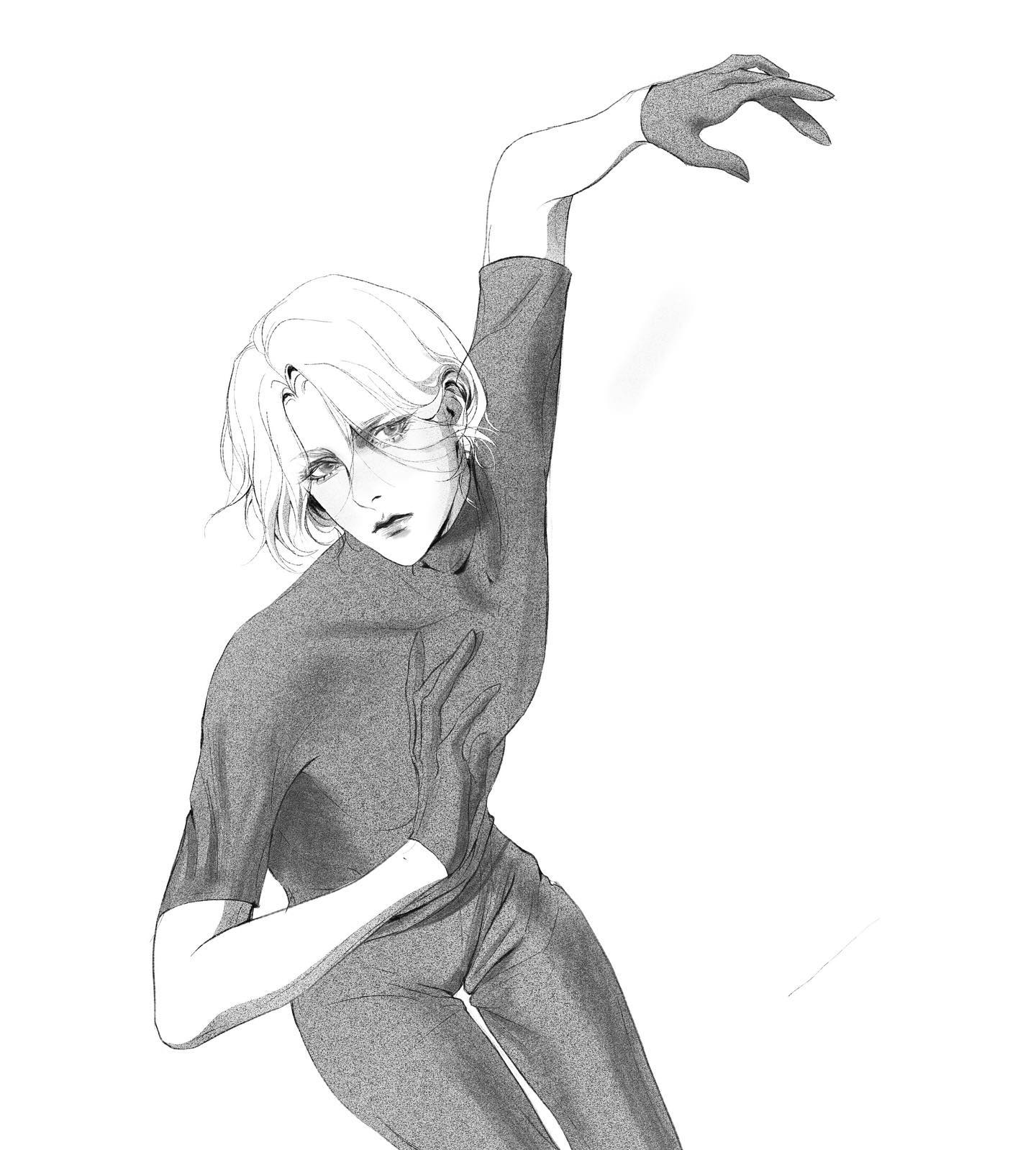 the image is a black and white sketch of a male figure skater in midmotion. the skater is depicted with his right arm outstretched and his left arm bent across his body. he is wearing a formfitting skating costume and has a determined expression on his face. the artist has used a combination of fine lines and shading to create a sense of movement and fluidity in the drawing.