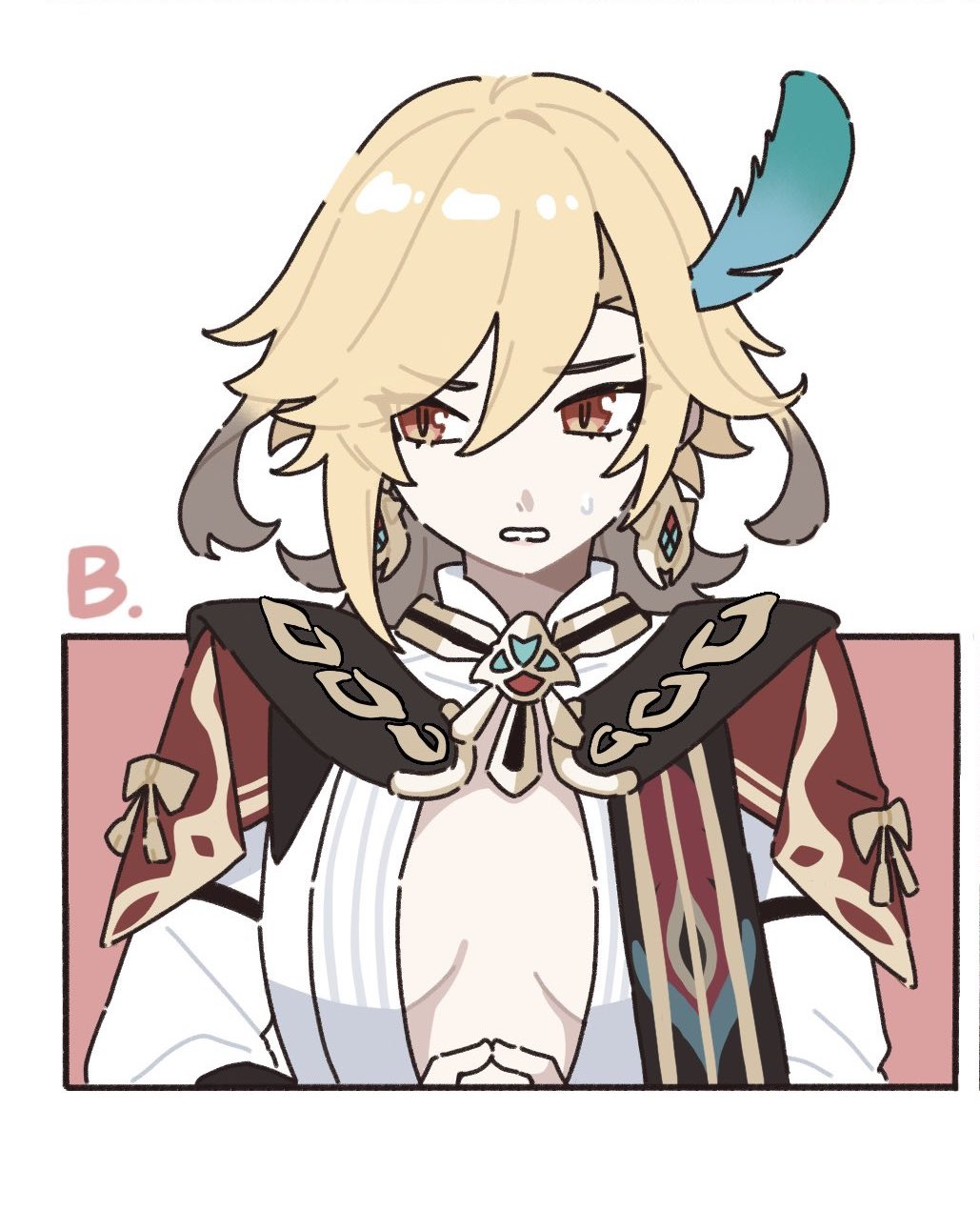 the image is a cute chibistyle fanart of a male character, possibly from the game genshin impact. he has blonde hair, red and gold ornate clothing, and a striking blue feather ornament. his expression is worried or slightly upset. the art style is clean and features soft lines and colors. the character is presented in a closeup shot against a simple pink background.  the letter "b." is present in the upper left corner, suggesting this might be part of a larger series or collection.