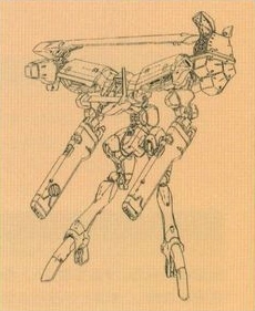 a handdrawn sketch of a robot with a large body and small legs, standing on a yellow background. the robot is holding a weapon in its right hand and has a large head with a single eye.  the robot is drawn in a detailed style, with many mechanical parts and weapons.