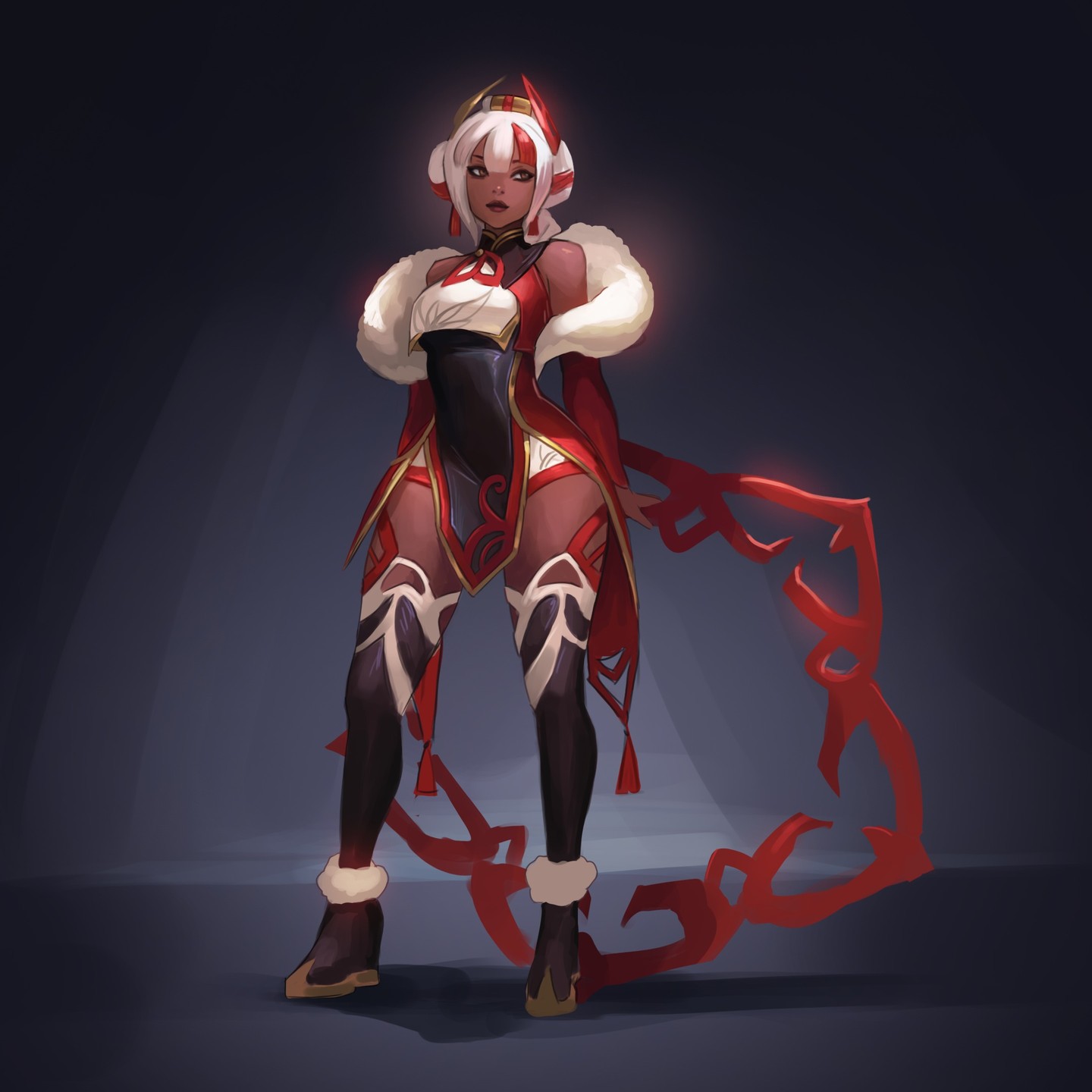 the image showcases a digital painting of a female anime character. she is dressed in a striking red and white outfit with fur accents, which seems to be inspired by chinese aesthetics.  her expression is serious and confident. the character is intricately detailed, with elements hinting at mythical or magical properties. the art style is polished and professional, suggesting a possible use in a video game or as a piece of concept art.  she stands against a dark, moody background that emphasizes her attire and figure.  a flowing, red, almost flamelike element trails behind her, adding dynamism to the overall composition.