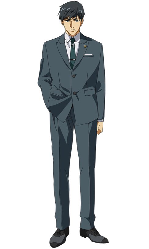 this is an anime illustration of a male character with black hair standing against a white background. he is dressed in a blue suit with a black tie, black shoes. the man is looking forward with a serious expression.