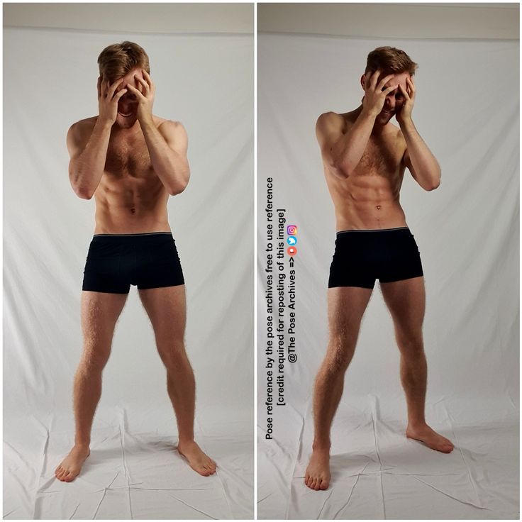 this is a pose reference photo of a muscular man wearing black underwear. he is standing in a relaxed posture with his hands covering his face and his body slightly leaning forward. the photo is set against a white background and is welllit.
