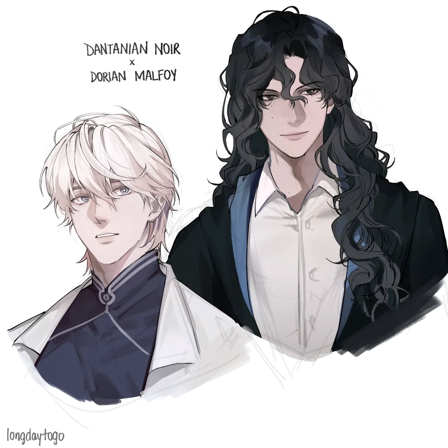 the image is a digital fanart depicting two male characters, possibly from a fantasy setting.  the character on the left has short, white hair and is dressed in a lightcolored, elegant coat over a darker, collared shirt. the character on the right has long, dark curly hair and wears a dark robe or uniform with a lighter shirt underneath, possibly a school uniform. the art style is anime or mangainspired with soft shading and a predominantly gray color palette.  the text "dantanian noir x dorian malfoy" suggests these are character names, potentially from a particular fan work or ship. the artist's signature "longdaytogo" is visible in the bottom left corner. the characters are positioned in a way that subtly suggests a romantic or close relationship.