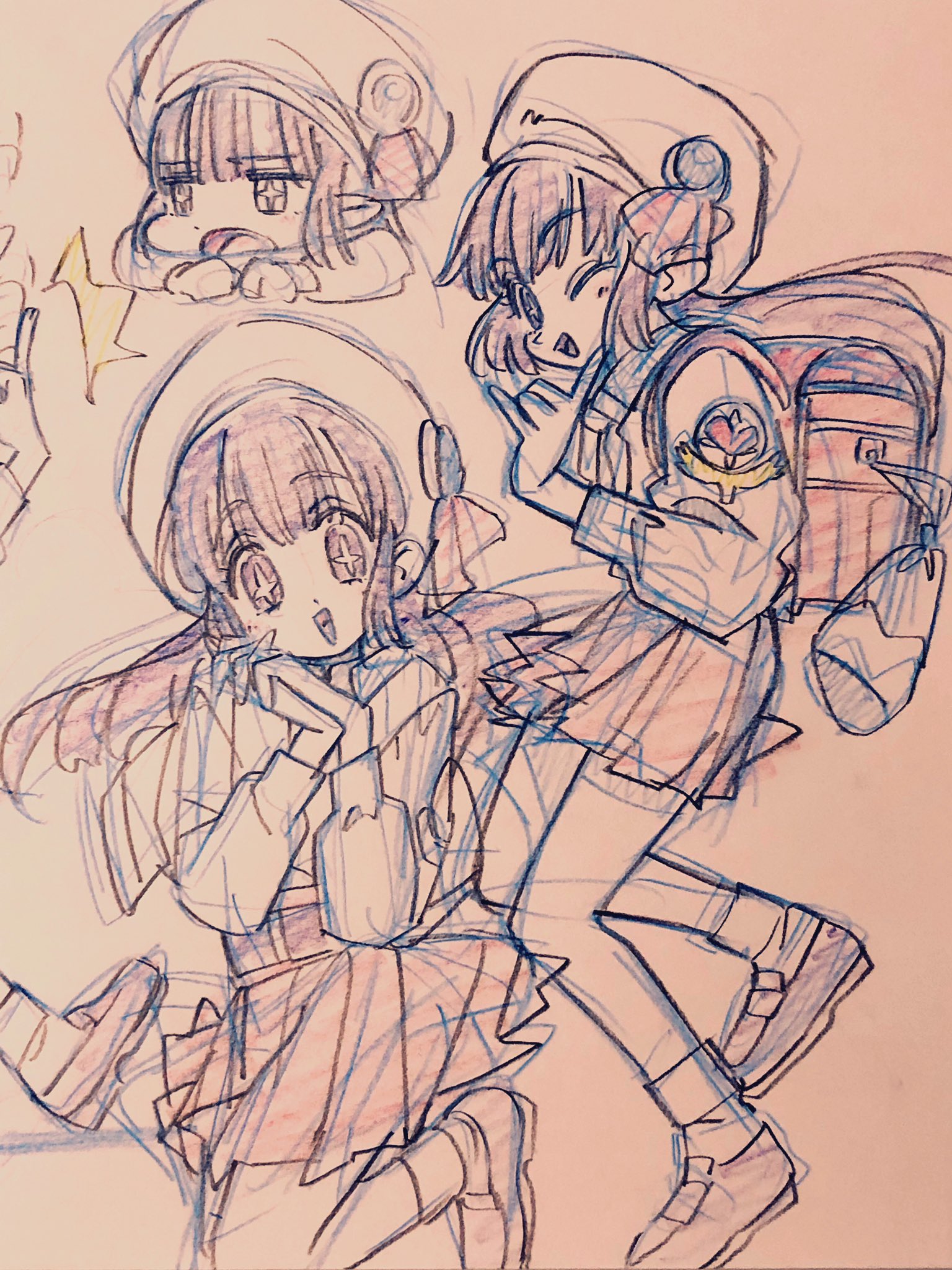a black and white sketch of a girl in a school uniform. the girl is drawn in four different poses and expressions. the girl has long hair, large eyes, a hat, and is wearing a backpack.  there is also japanese text in the drawing.