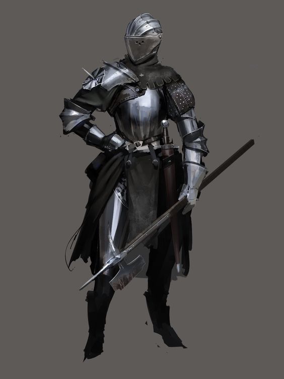 a female knight stands in full plate armor, her hand resting on the head of a large axe. she is clad in polished steel from head to toe, with a dark tunic flowing beneath the armor. a sword hangs at her hip, and her helmet completely obscures her face, adding to the air of mystery and strength. the image is rendered in muted grays and blacks, emphasizing the weight and power of the armor and the warrior within.