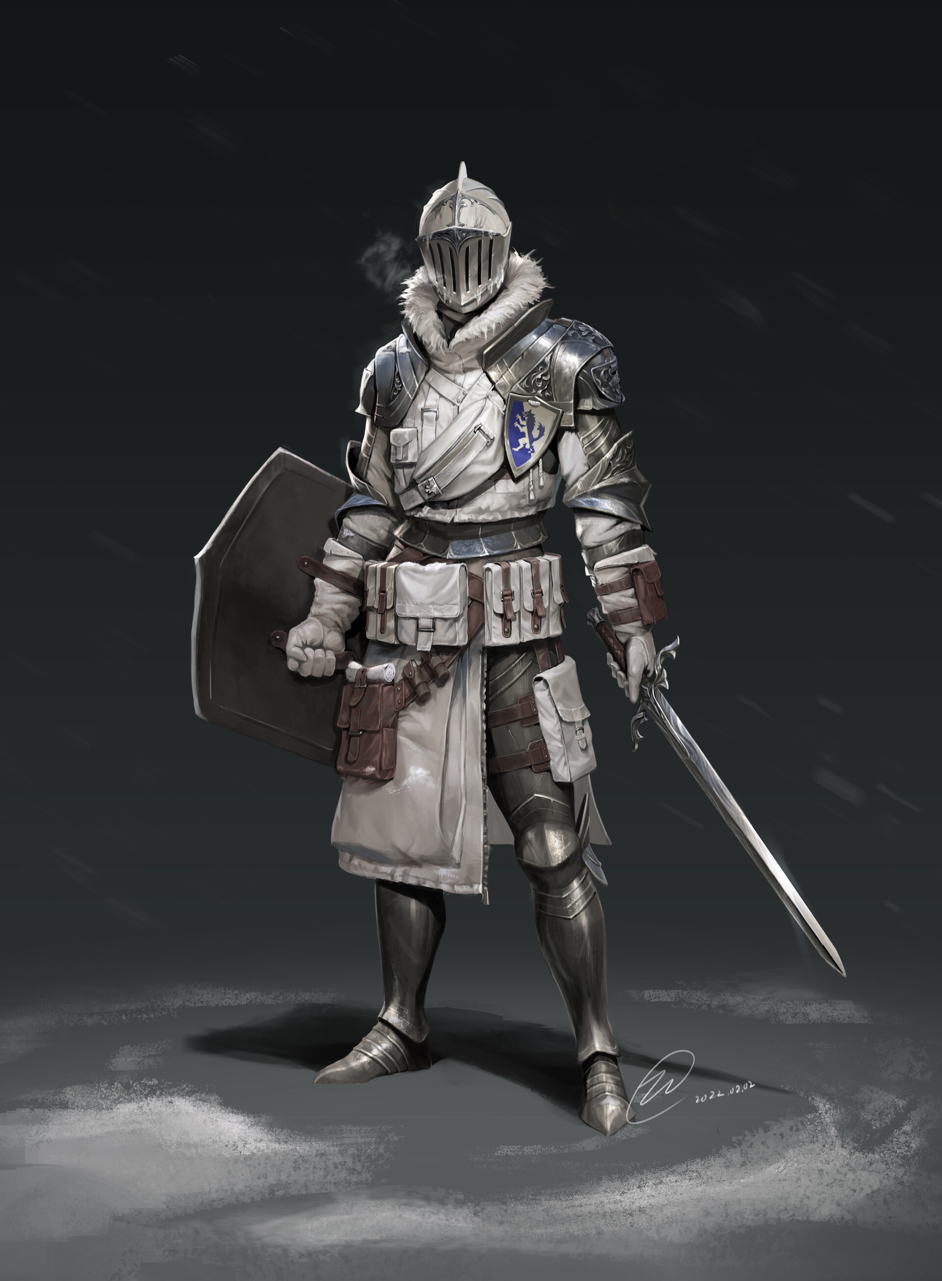 the image showcases a digitally painted fantasy knight standing against a dark, snowy backdrop. the knight wears ornate, silverandwhite plate armor layered over white cloth, with a blue heraldic symbol on the chest. the knight's face is hidden behind a helmet with a narrow visor, and breath mists from it, suggesting cold weather. the knight holds a large metal shield in the left hand and a long sword in the right, both held at the ready. the lighting is dramatic, highlighting the knight from above and emphasizing the metallic sheen of the armor. the overall feel of the image is one of power, vigilance, and readiness for battle.