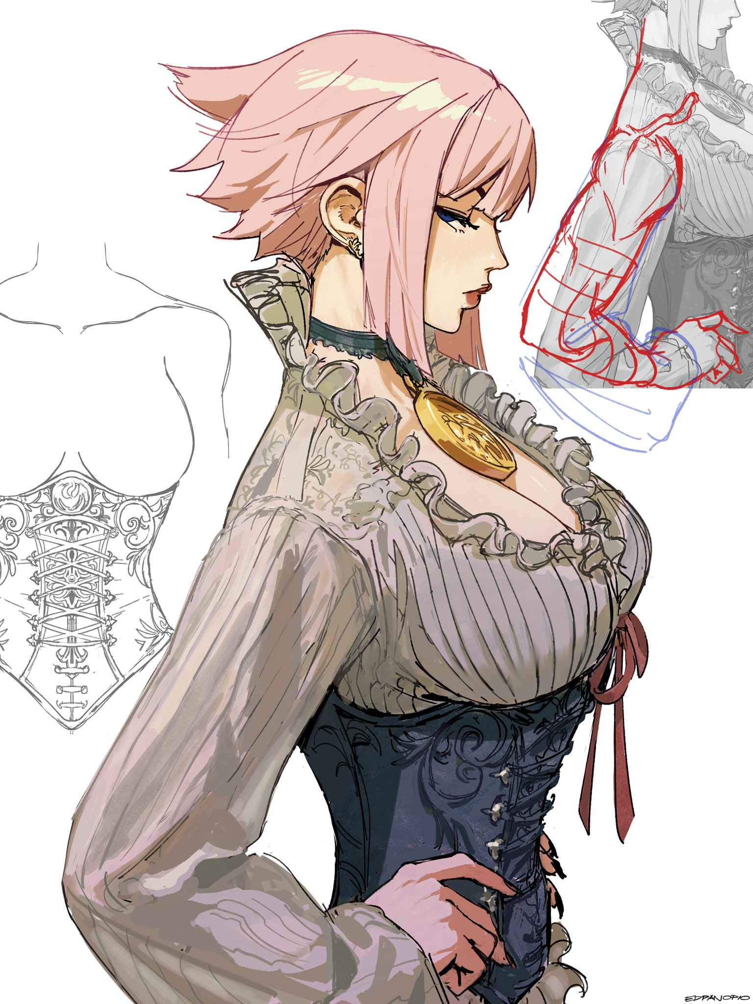the image is a digital painting or illustration of a young woman with long, pink hair styled in a somewhat choppy fashion. she is wearing an elaborate outfit that appears to blend victorian and steampunk elements; this includes a dark blue corset with ornate detailing, a lightcolored blouse with lace accents, and a gold pendant necklace.  the woman is depicted from the side, slightly angled towards the viewer. the artist's process is partially shown, with a line drawing of the torso and a detailed anatomical study of an arm and hand included.  the style is a blend of anime/manga influences with a more realistic approach to rendering the fabric and the figure’s form. the overall mood is elegant and mysterious.