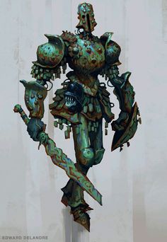 the image showcases a fullfigure concept design of a knight. the knight is clad in corroded, greenishbrown armor with intricate detailing. a dented helmet obscures the knight's face.  the knight holds a long, rusty sword in its right hand, its point directed towards the ground. the style of the artwork suggests a digital painting, with visible brushstrokes and a muted color palette. the background is a textured offwhite, suggestive of aged paper or canvas, that allows the knight to stand out.