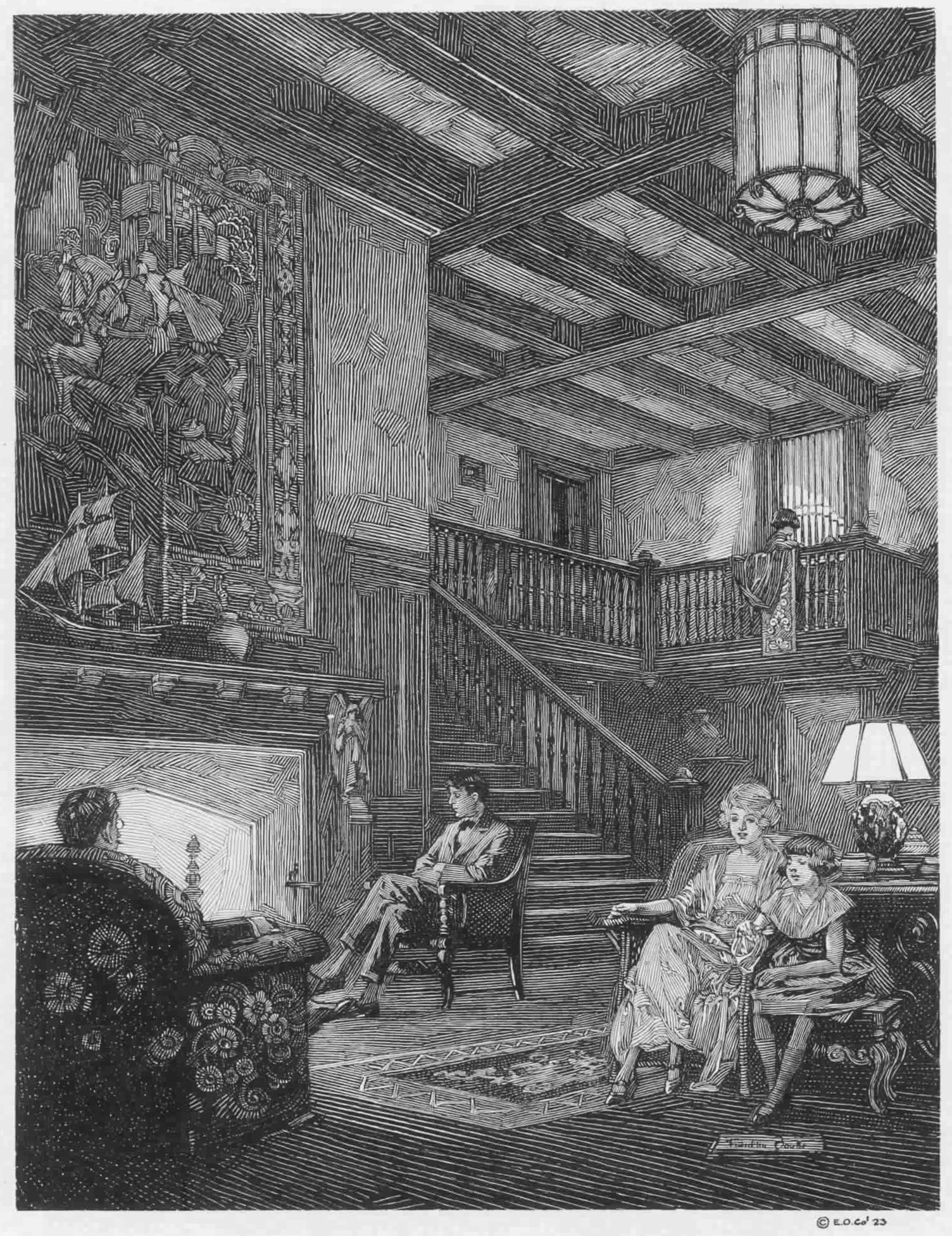 a detailed black and white illustration, possibly an engraving, depicting the interior of a home. the scene shows a family — a man, a woman, and a young girl — relaxing in a spacious living room. the room features a large fireplace, a substantial wooden staircase leading to an upper level, exposed wooden beams on the ceiling, and an ornate tapestry hanging on the wall. the furniture includes comfortable chairs, and there are lamps providing soft lighting. the overall style suggests a vintage, possibly early 20thcentury setting, with a blend of arts and crafts or similar design elements. the level of detail in the illustration is high, showing the texture of the wood, fabric, and even the expressions on the faces of the family members. the illustration has a serene and domestic atmosphere.
