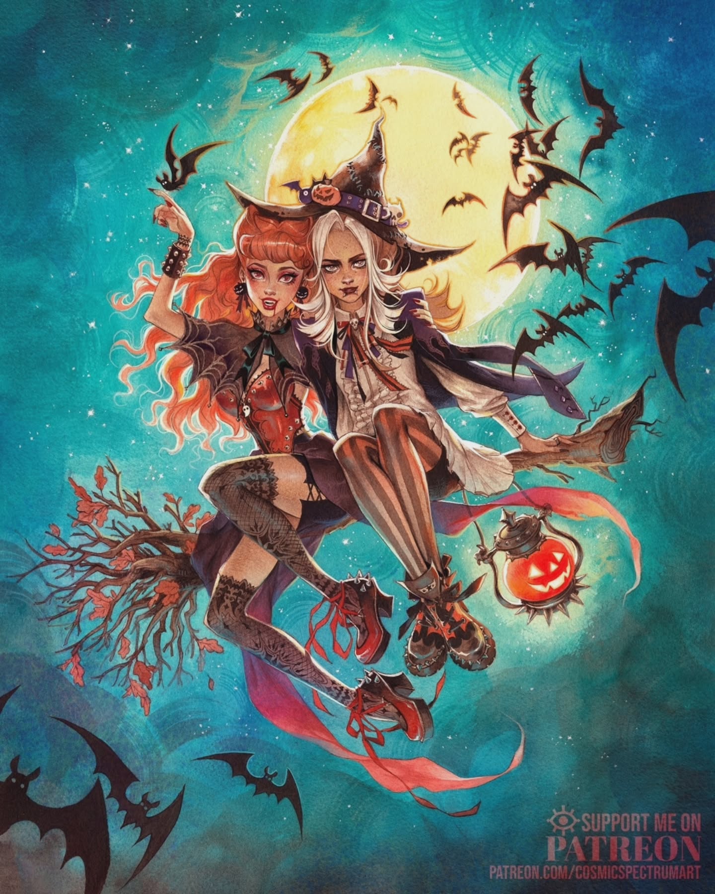 the artwork depicts two witches flying on a broomstick against a backdrop of a full moon and a sky filled with bats.  one witch has vibrant red hair and wears a dark, gothicinspired outfit, while the other has long blonde hair and a more whimsical, lightcolored ensemble.  both witches wear pointed hats. the broomstick is adorned with autumnal branches and leaves. a jacko'lantern lantern hangs from the broomstick, adding to the halloween theme. the style is whimsical yet dark, combining elements of fantasy and gothic aesthetics. the artwork has a watercolorlike texture, lending a soft, yet detailed quality to the piece. a patreon logo and website address are visible in the bottom right corner.