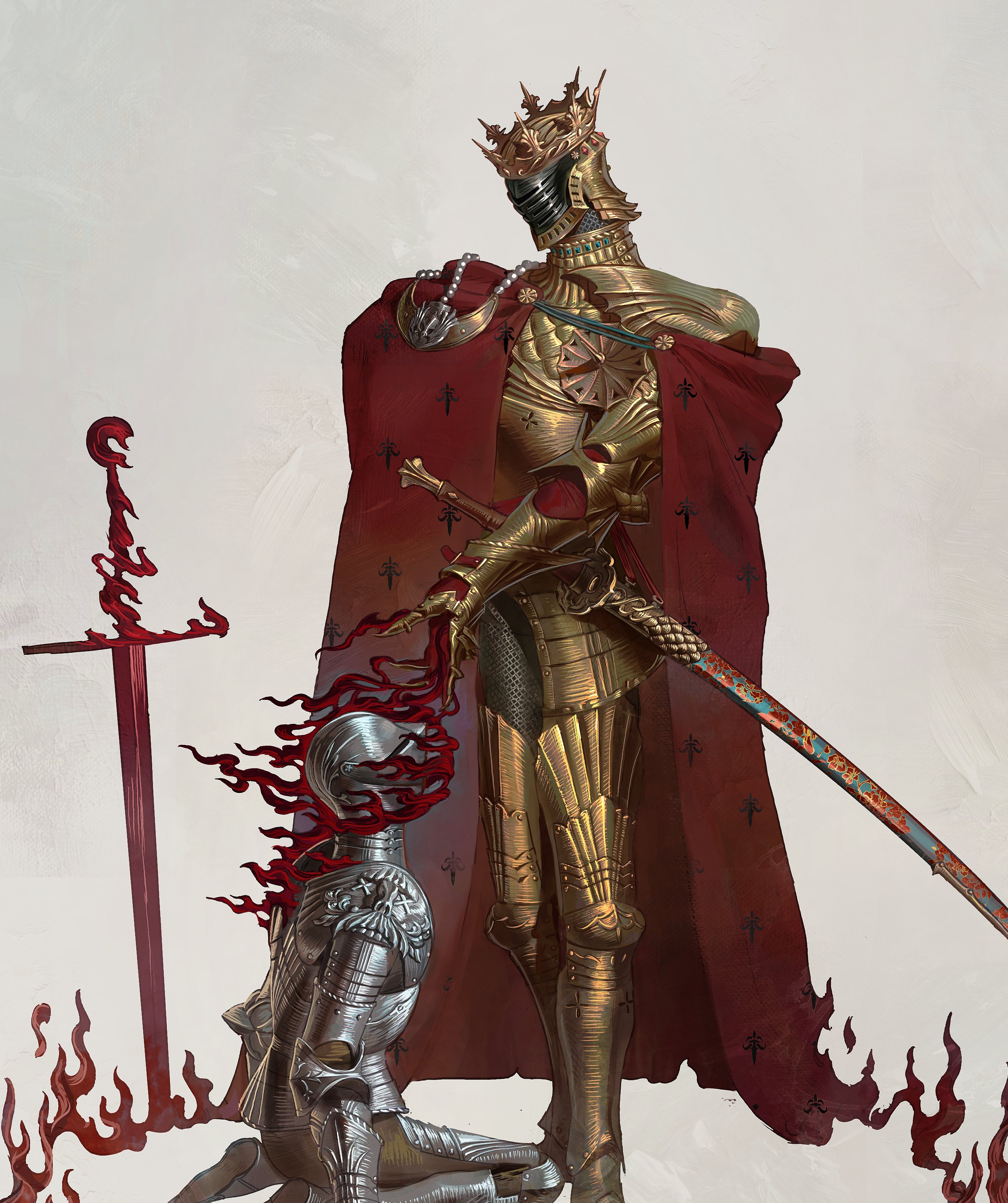the artwork depicts a dramatic scene in a dark fantasy setting. a tall figure, adorned in gleaming golden armor and a crimson cape, stands over a kneeling knight clad in silver armor. the golden armored figure wears a crown and appears regal.  flames are depicted around the kneeling knight, suggesting death or sacrifice.  a sword lies on the ground next to the kneeling knight, while another sword, possibly a katana, is held by the golden armored figure. the style is highly detailed and evocative, emphasizing the contrast between the two figures and their attire. the overall mood is somber and powerful, suggesting a story of loss or betrayal.