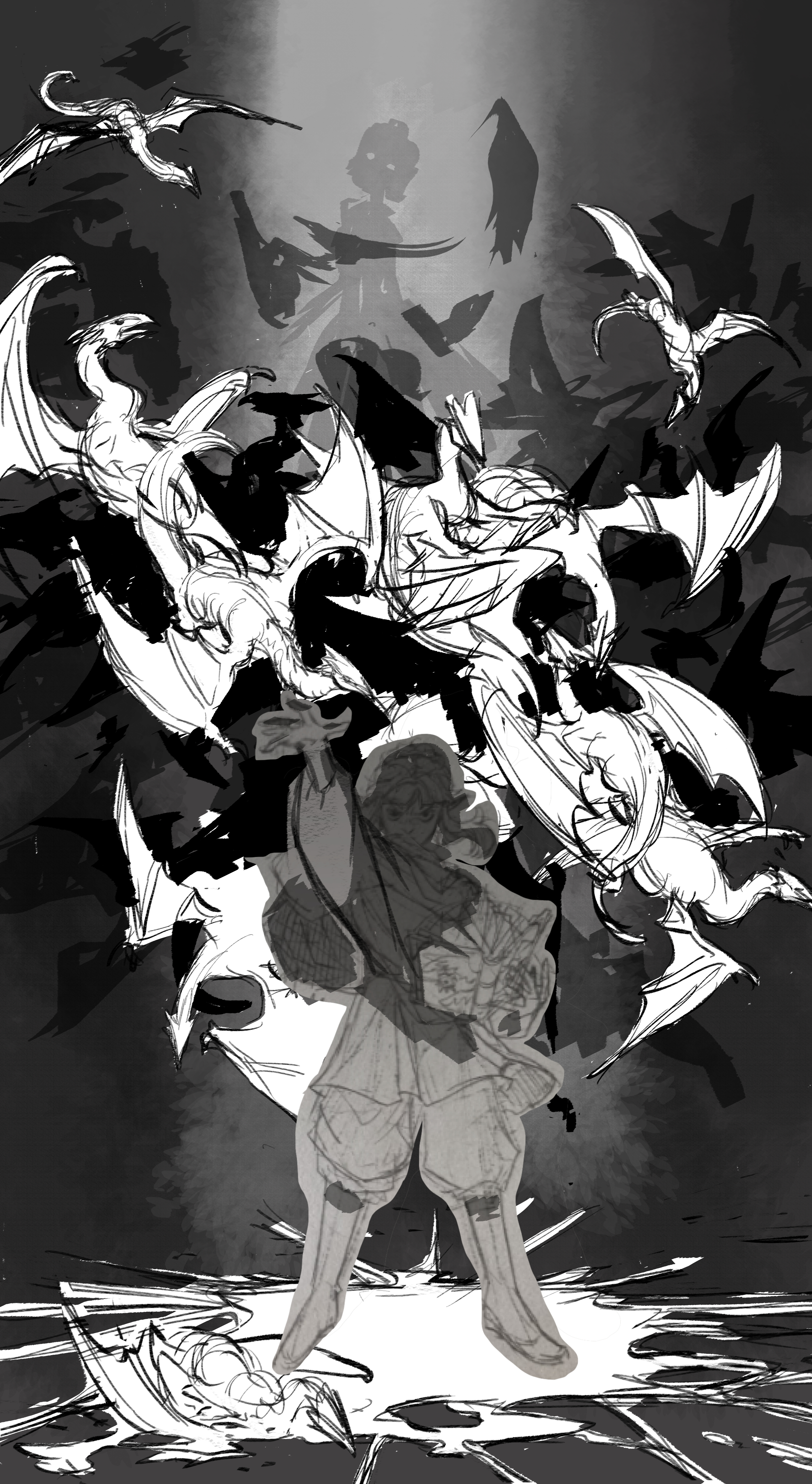 the illustration showcases a dynamic scene in a dark, cavernous setting. a single figure, possibly a young adult, stands confidently amidst a whirlwind of stylized, wyvernlike creatures.  the figure, drawn with loose, expressive lines, appears to be summoning or controlling the creatures, reaching upwards with one hand while clutching something close with the other.  dramatic lighting, akin to a spotlight, illuminates the figure and the swirling creatures around them, leaving the background in shadow and enhancing the sense of action and power.