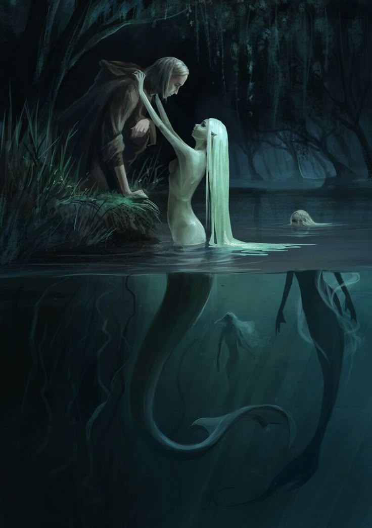 a fantasy scene depicts a man on the edge of a lake, seemingly touching a woman who is waistdeep in the water. the woman has long, white hair, and appears to be a mermaid, with additional mermaid figures visible underwater. the scene is dark and features trees, creating an ethereal or mysterious atmosphere.