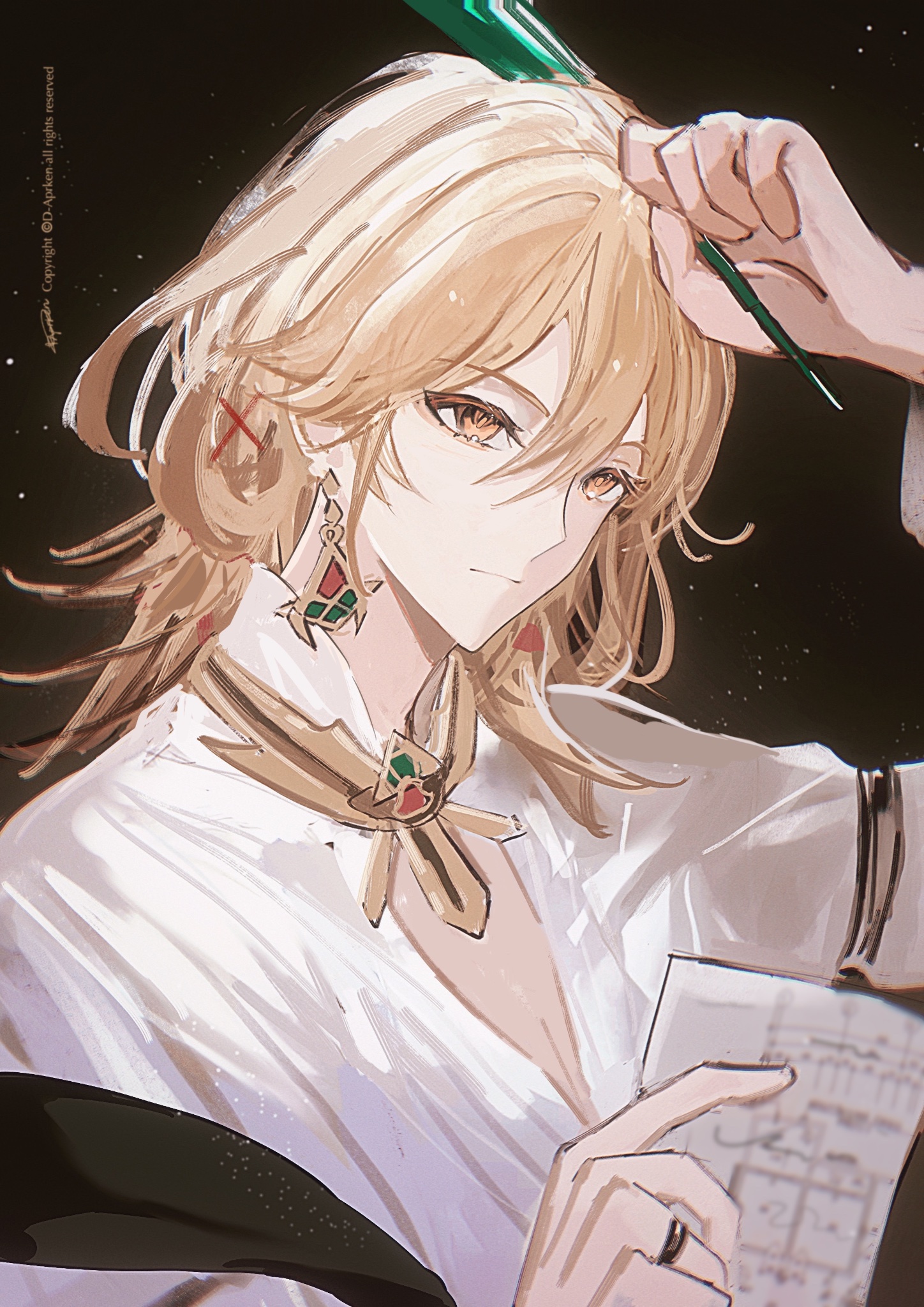an anime style portrait of a beautiful young woman with long blonde hair wearing a white shirt and holding a green hair pin. she is looking at the camera and has a subtle smile on her face. she has a golden necklace with a green gem and a red jewel in the middle. she is looking at the camera with a soft expression.