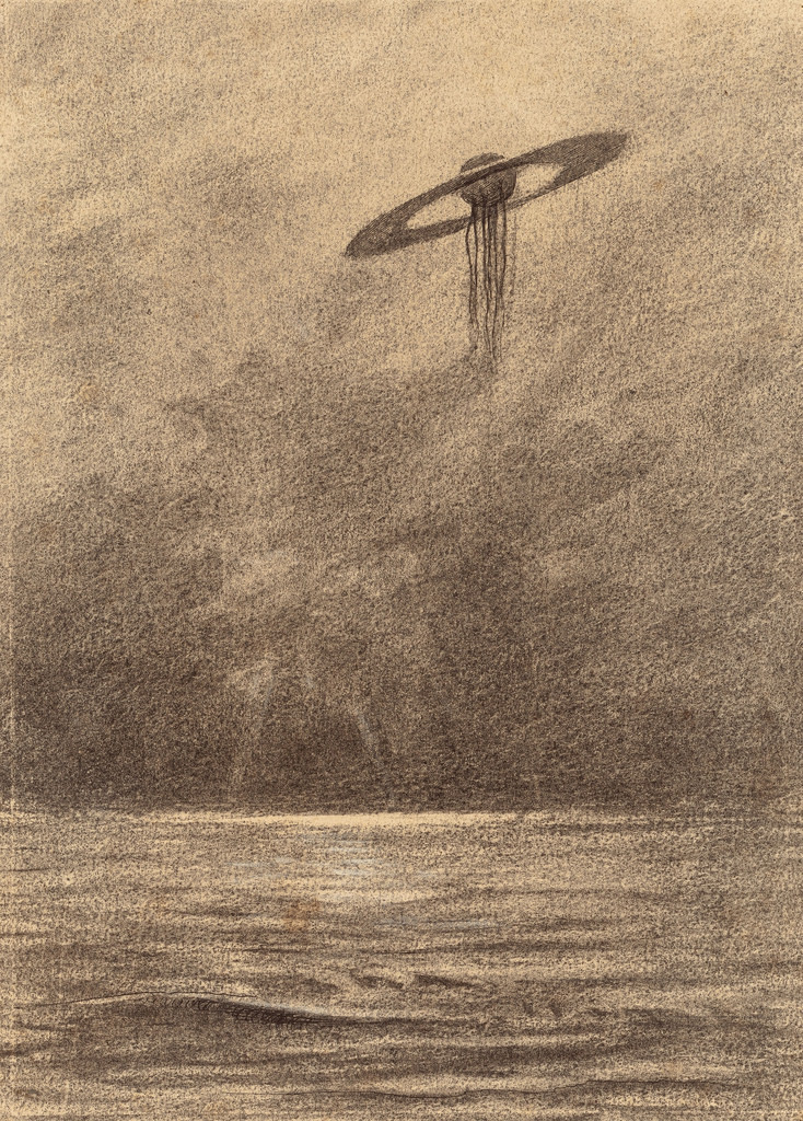 a sepiatoned image that appears to be a vintage photograph of a waterspout. the waterspout is unusually shaped, resembling a classic "flying saucer" ufo. the image is grainy and the details are somewhat obscured, adding to the mysterious and intriguing nature of the photograph.  the waterspout rises from the water's surface, connecting with dark, swirling clouds above. the sea below is relatively calm, with subtle ripples reflecting the light.